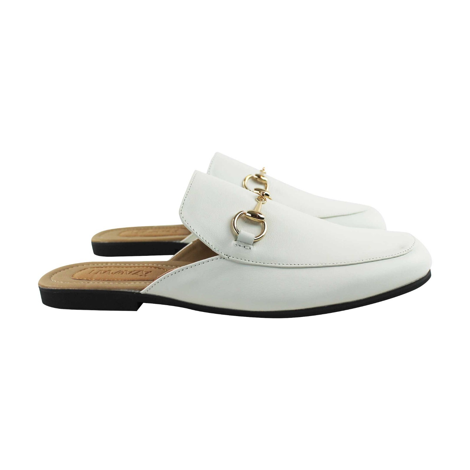 Men WHITE Real Leather Backless Slip On Mule Gold Buckle Loafers Shoes AZARMAN