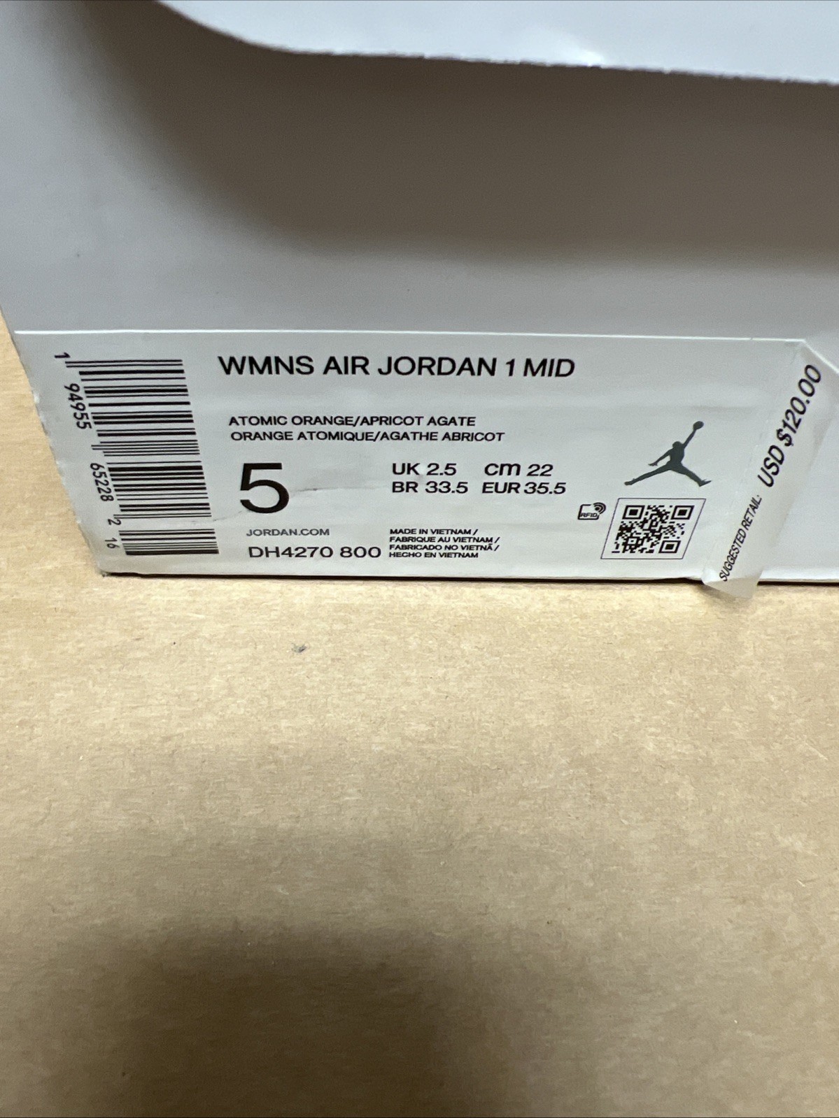 Wmns Air Jordan 1 Mid ‘Apricot’ DH4270-800 Size 5 Women