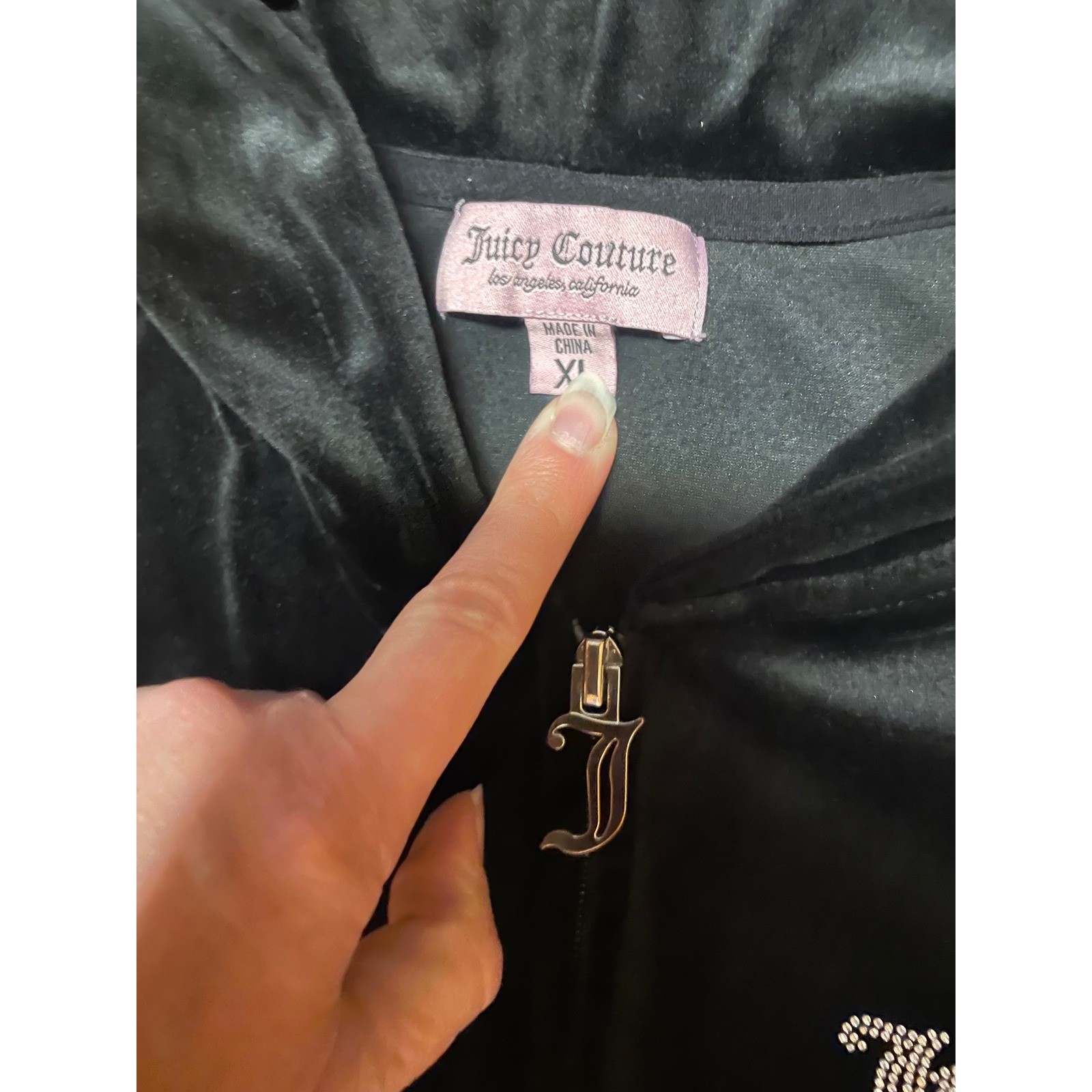 Juicy Couture Black Velour Tracksuit Rhinestone Logo Hoodie Pants Set y2k L