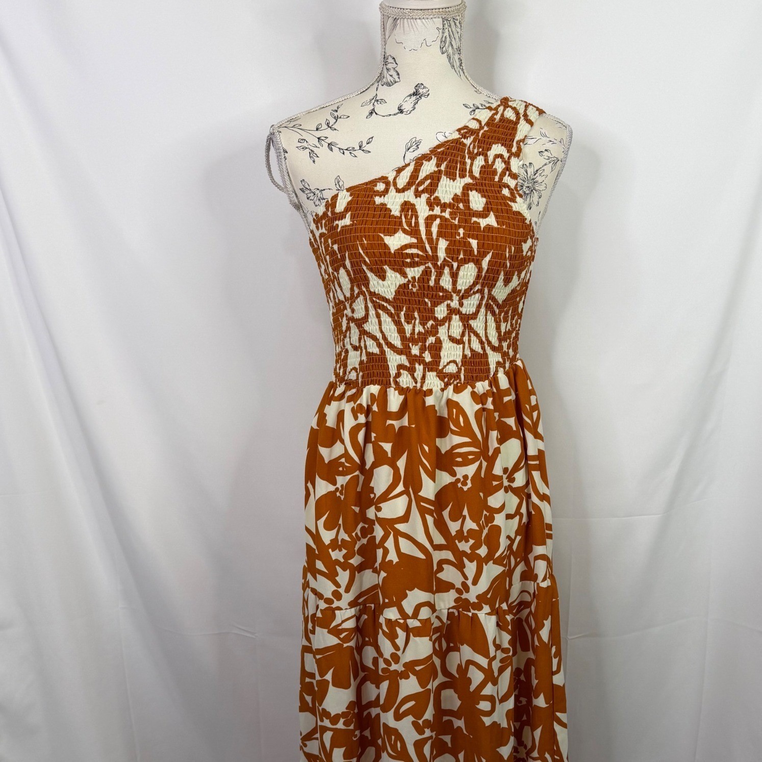 Sugarlips Marida Caramel Floral Smocked One Shoulder Lys Maxi Dress Size S NWT