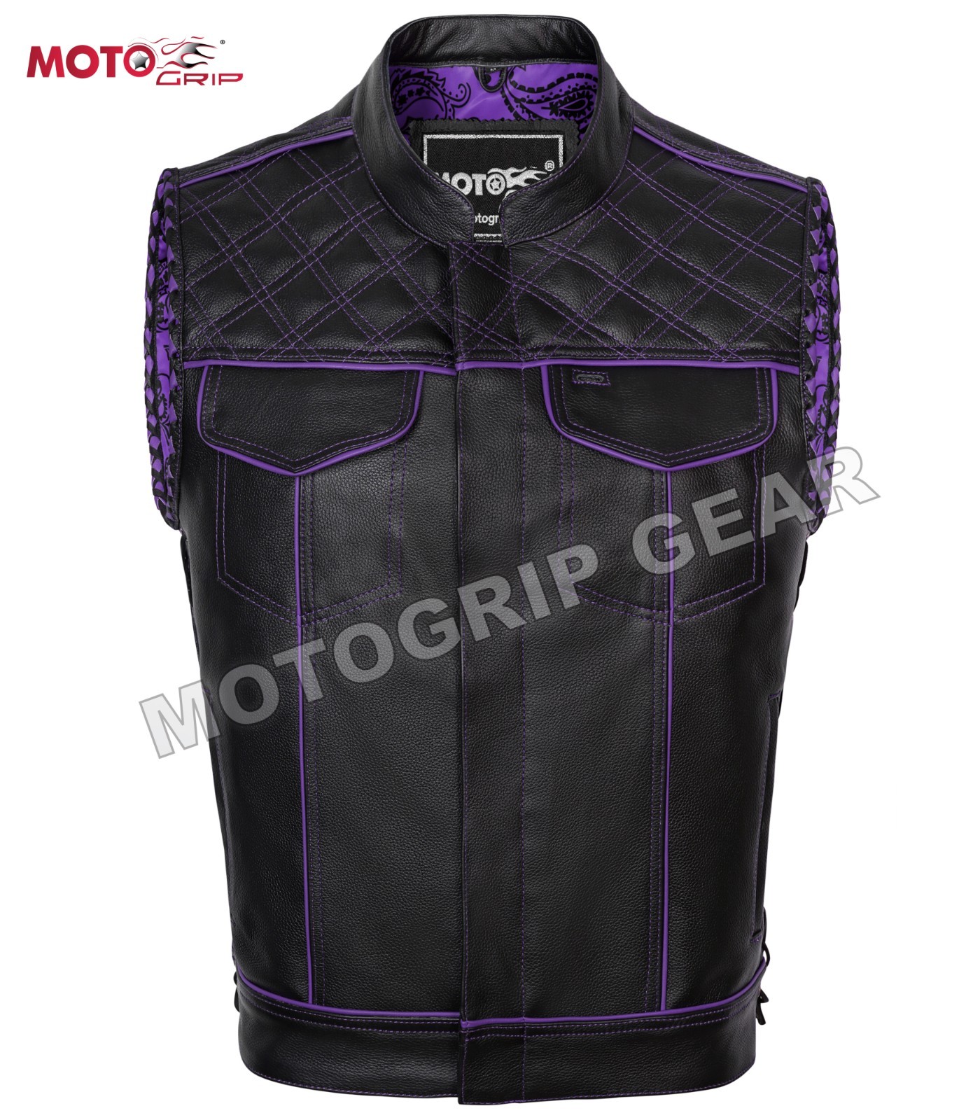 Men’s Black Purple Leather Motorcycle Vest Diamond, Side Lace, Concealed Carry