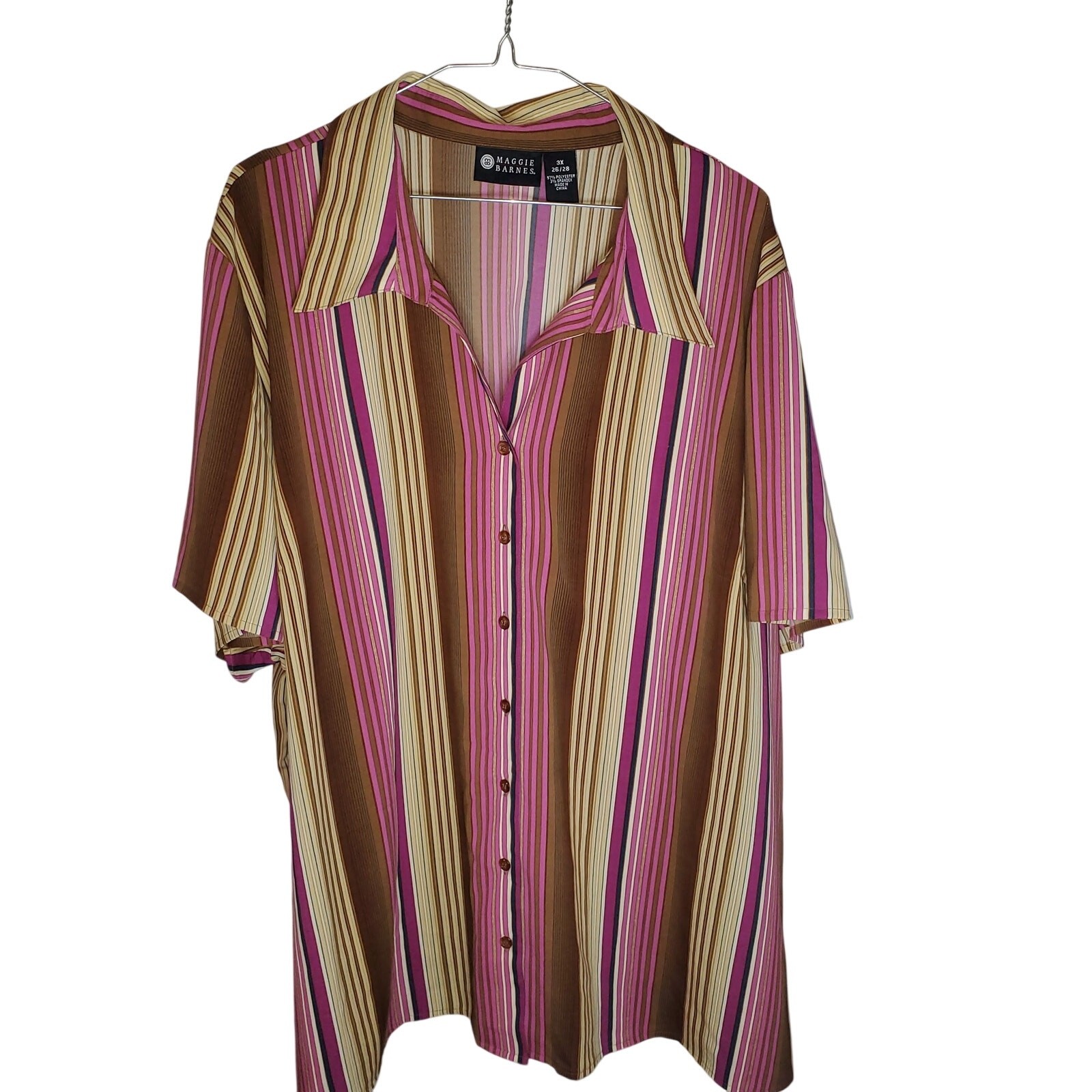 Maggie Barnes Women’s Button Up Blouse 3X Magenta Brown Stripe Stretch Plus