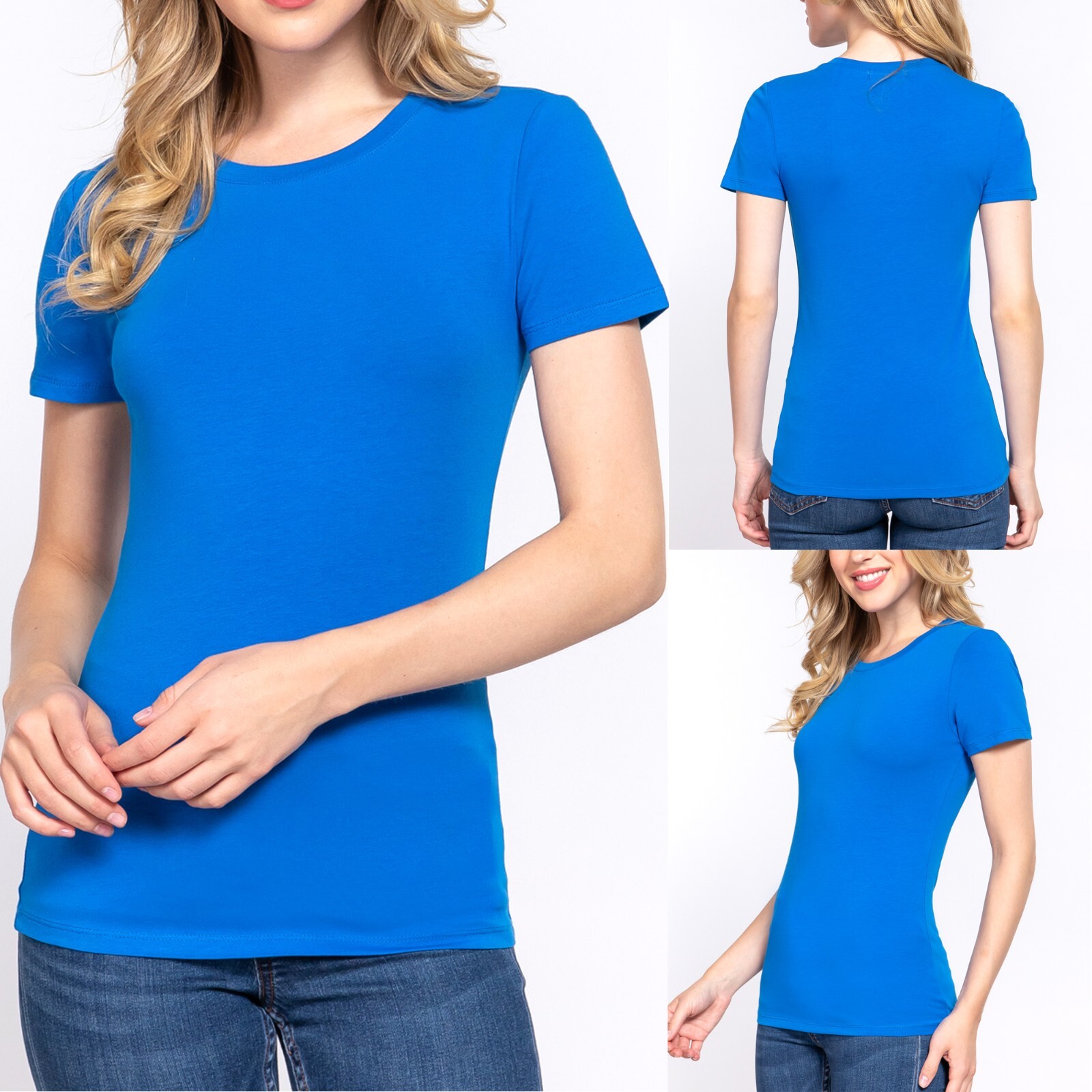 Women’s Cotton Crew Neck Short Sleeve T-Shirt Stretch Slim Fit Top Plain