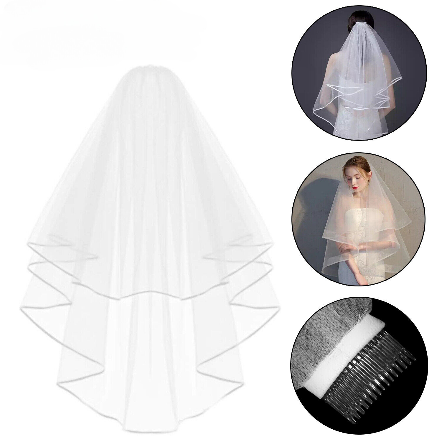 Two Layer Lace Short Bridal Veil With Comb Elbow Length Wedding Veil Ivory White