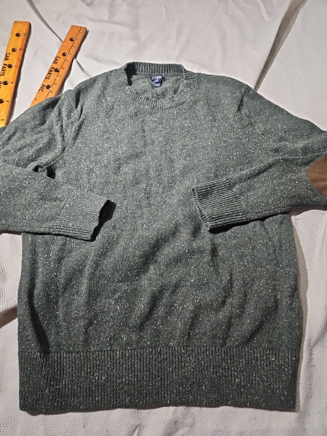 J Crew Sweater Men’s Large Green Ragg LambsWool Fleck Elbow Pad Preppy Grandpa