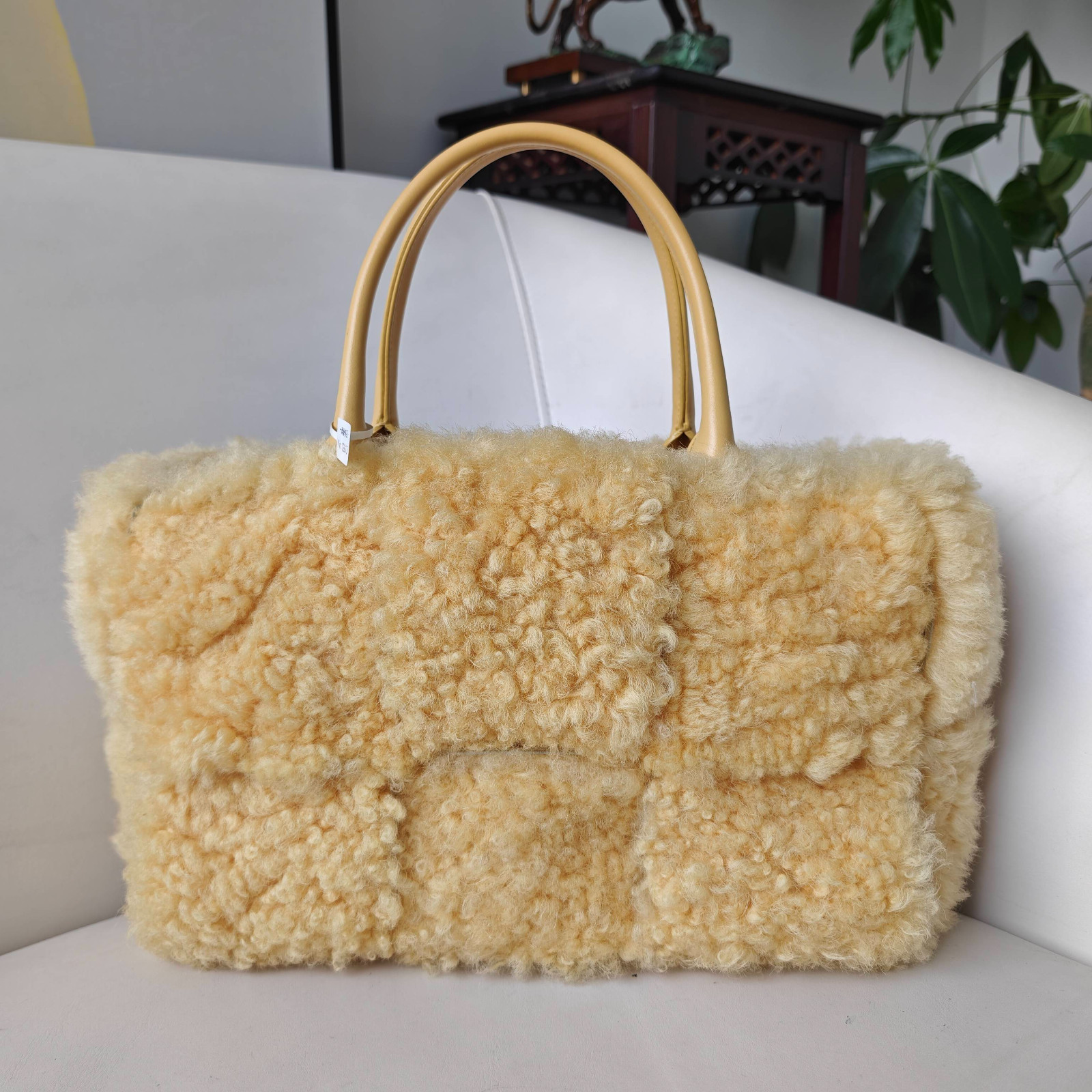 Authentic Bottega Veneta Plush Tote Bag Shearling and Leather Tote Bag Yellow