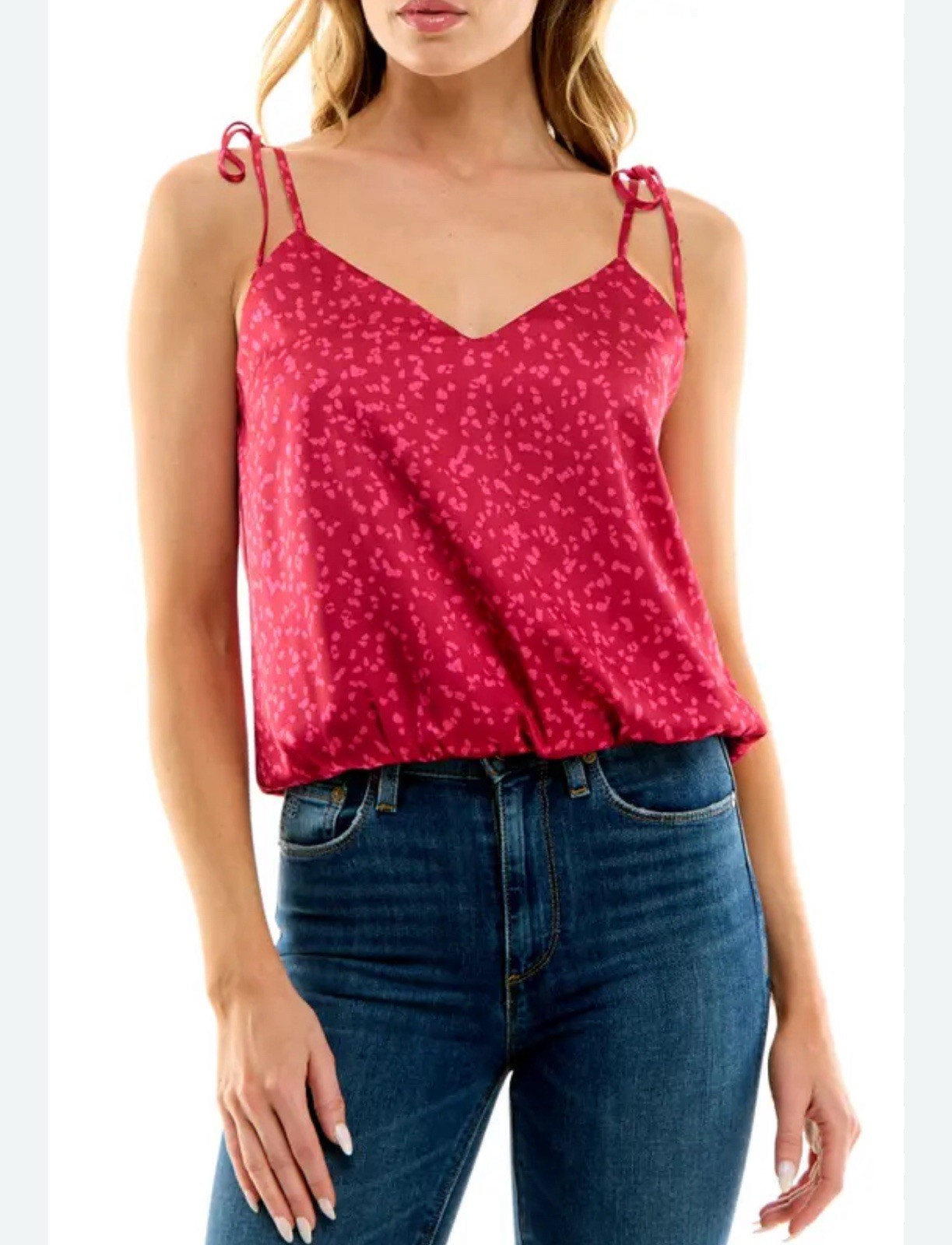 Socialite Cami M Banded Hem Tie Strap Camisole Fuchsia Floral Festival Top NEW