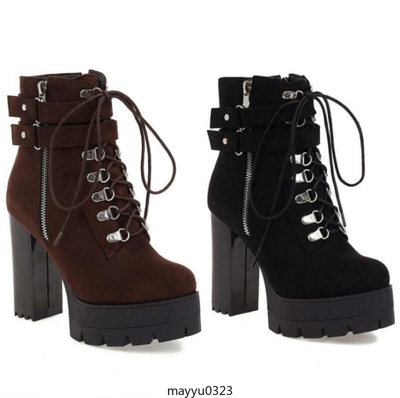 Women’s Ankle Boots HIgh Chunky Heel Shoes Platform Lace Up Zip Buckle Oversize