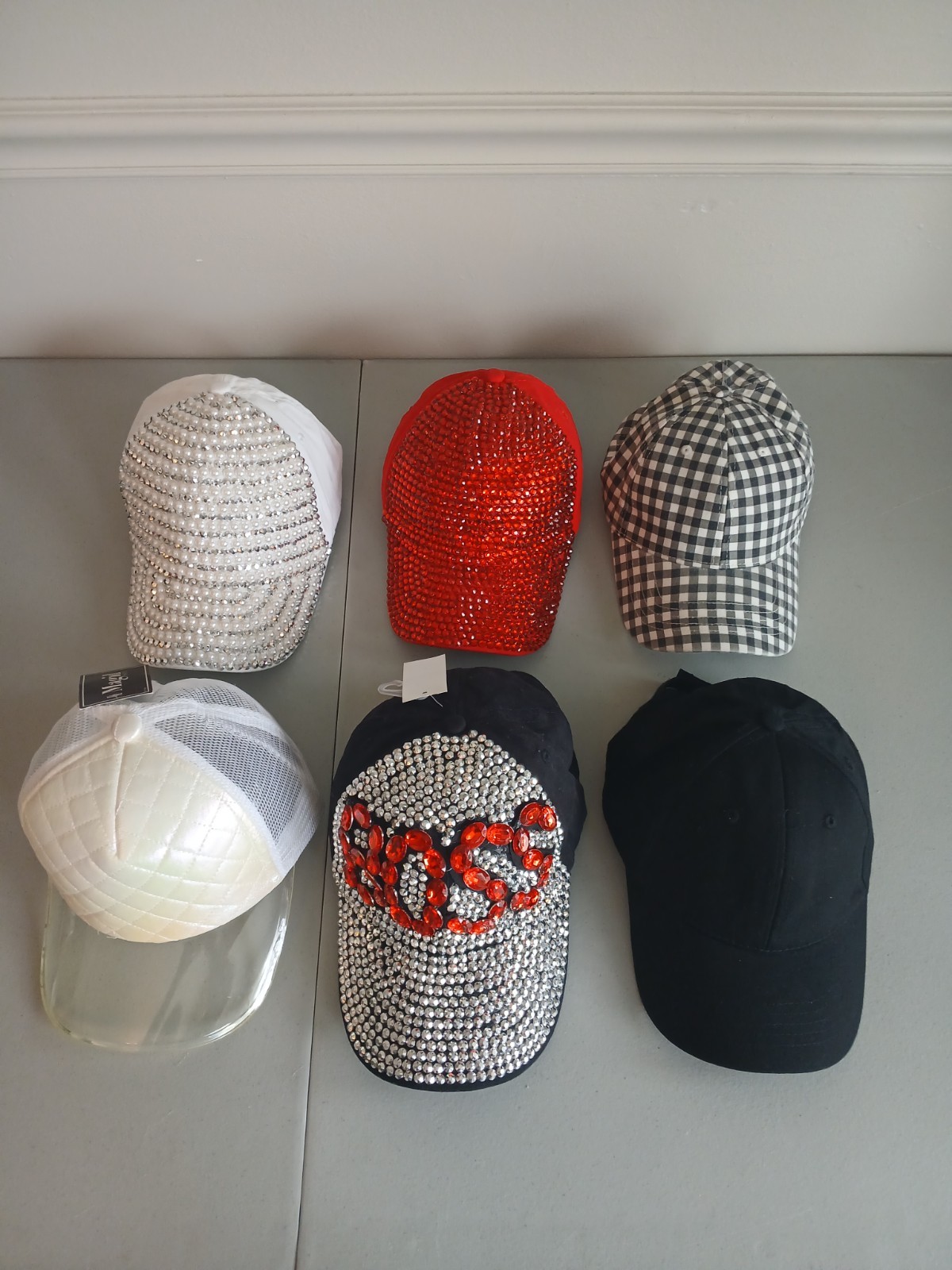 6 Assorted Red Black White Fashion Baseball Caps Various Fabrics & Rhinestones