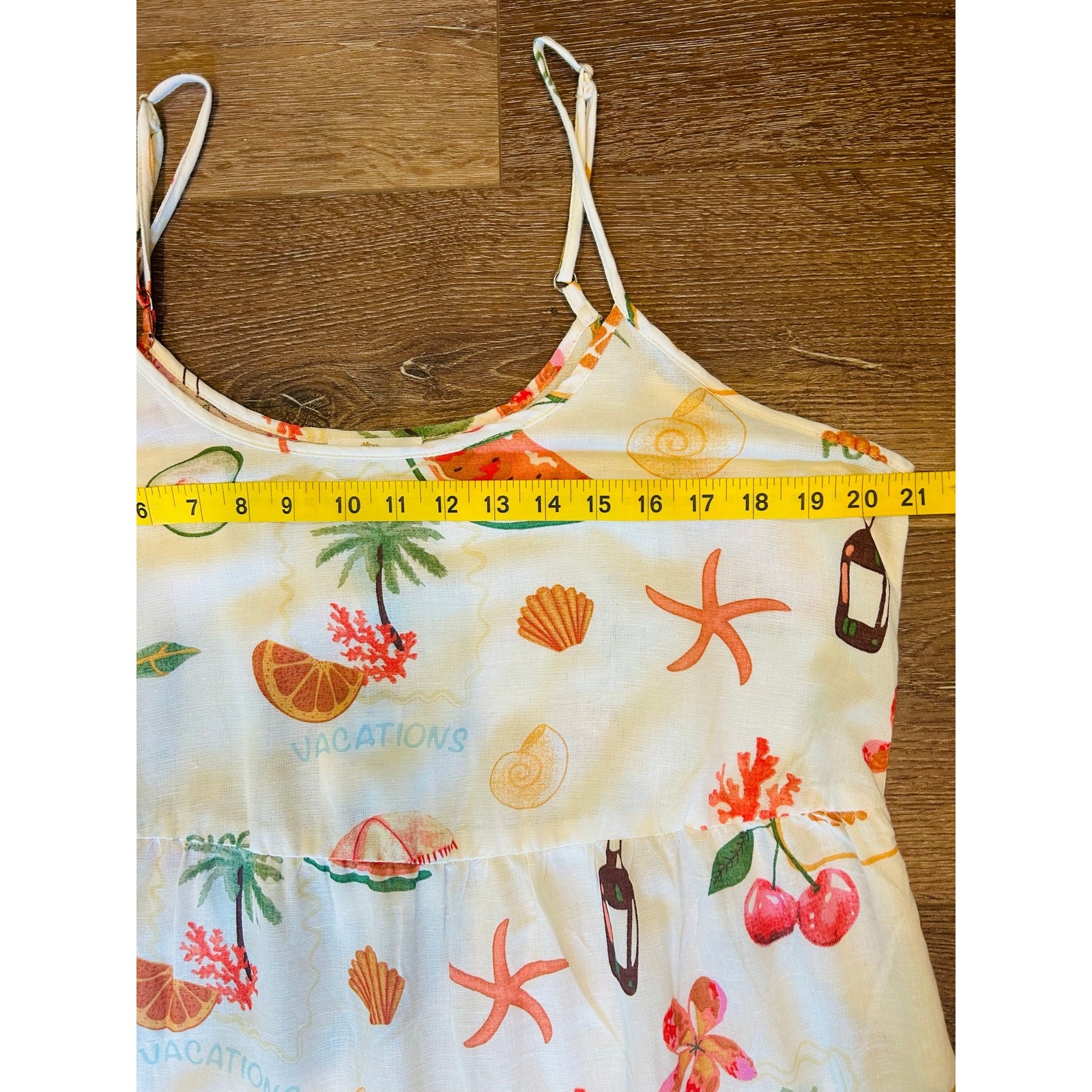 Tropical Vacation Print Tiered Midi Dress Womens L XL Beach Palm Fruit Sundress