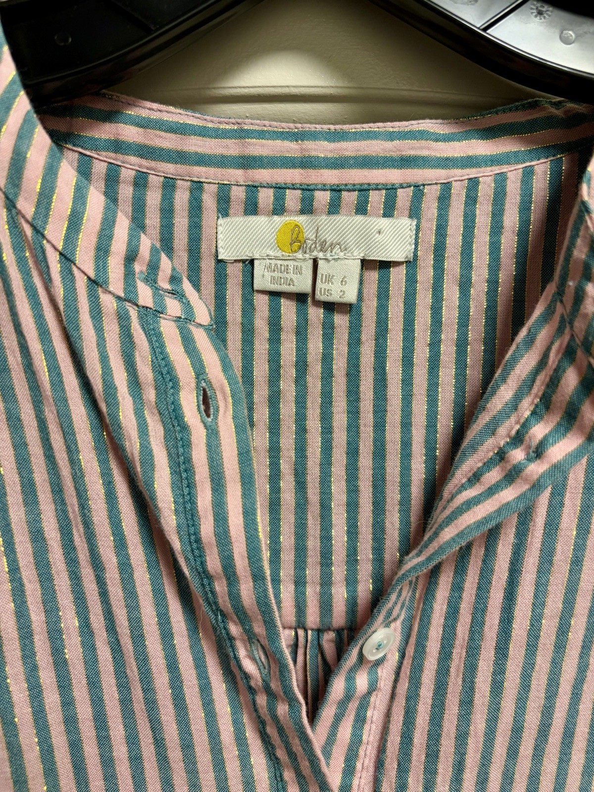 Boden Striped Metallic Quilted Shoulder Blouse Top UK 6 / US 2 Pink Teal Boho