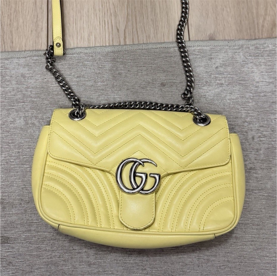 Gucci GG Marmont Yellow Matelasse Quilted Chevron Small Chain Strap Bag