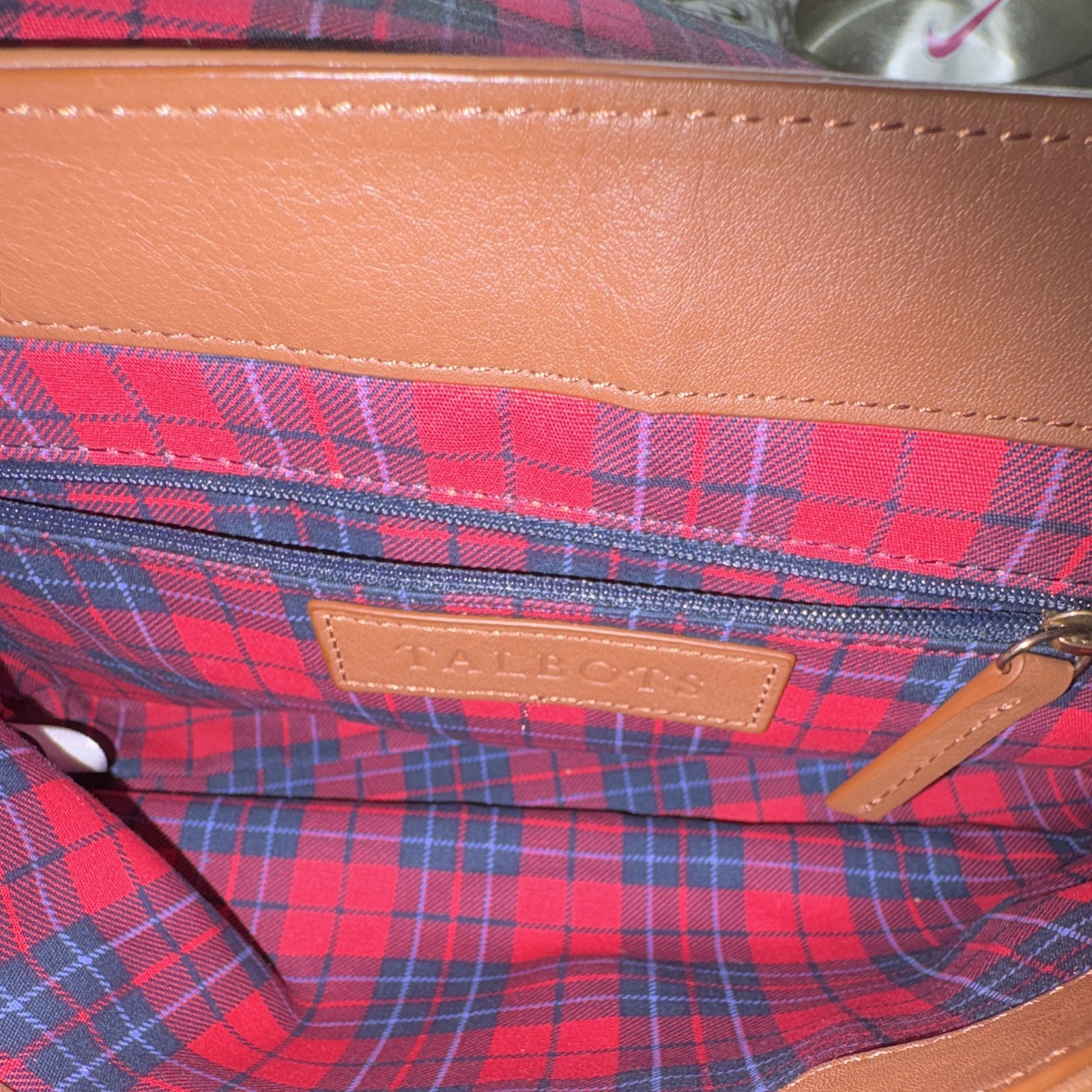 Talbots Tan & White Shoulder Bag, Buckle/Magnetic Closure, Plaid Lined, Pockets
