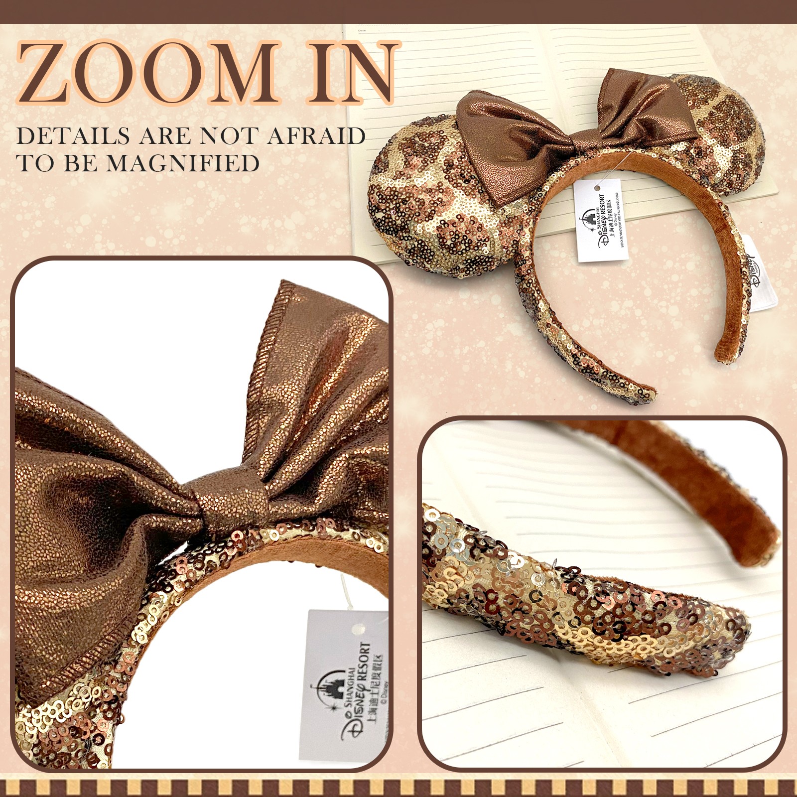 Disney` Animal Kingdom Parks Headband Minnie Mickey Ears Giraffe Print Spangle