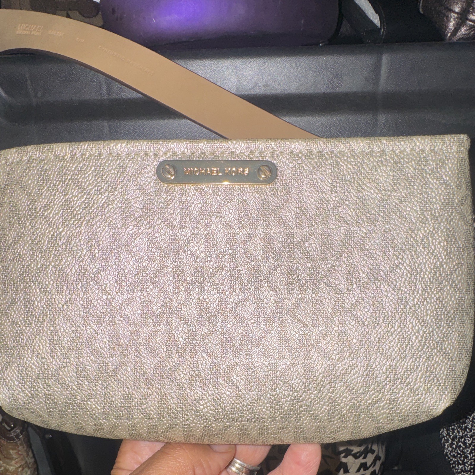 Michael Kors Gold Logo Zip Wristlet for Women with Inner Pocket Beige Strap