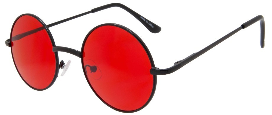 RED LENS METAL ROUND SUNGLASSES HIPSTER RETRO BLACK FRAME 43MM UVB WITH POUCH