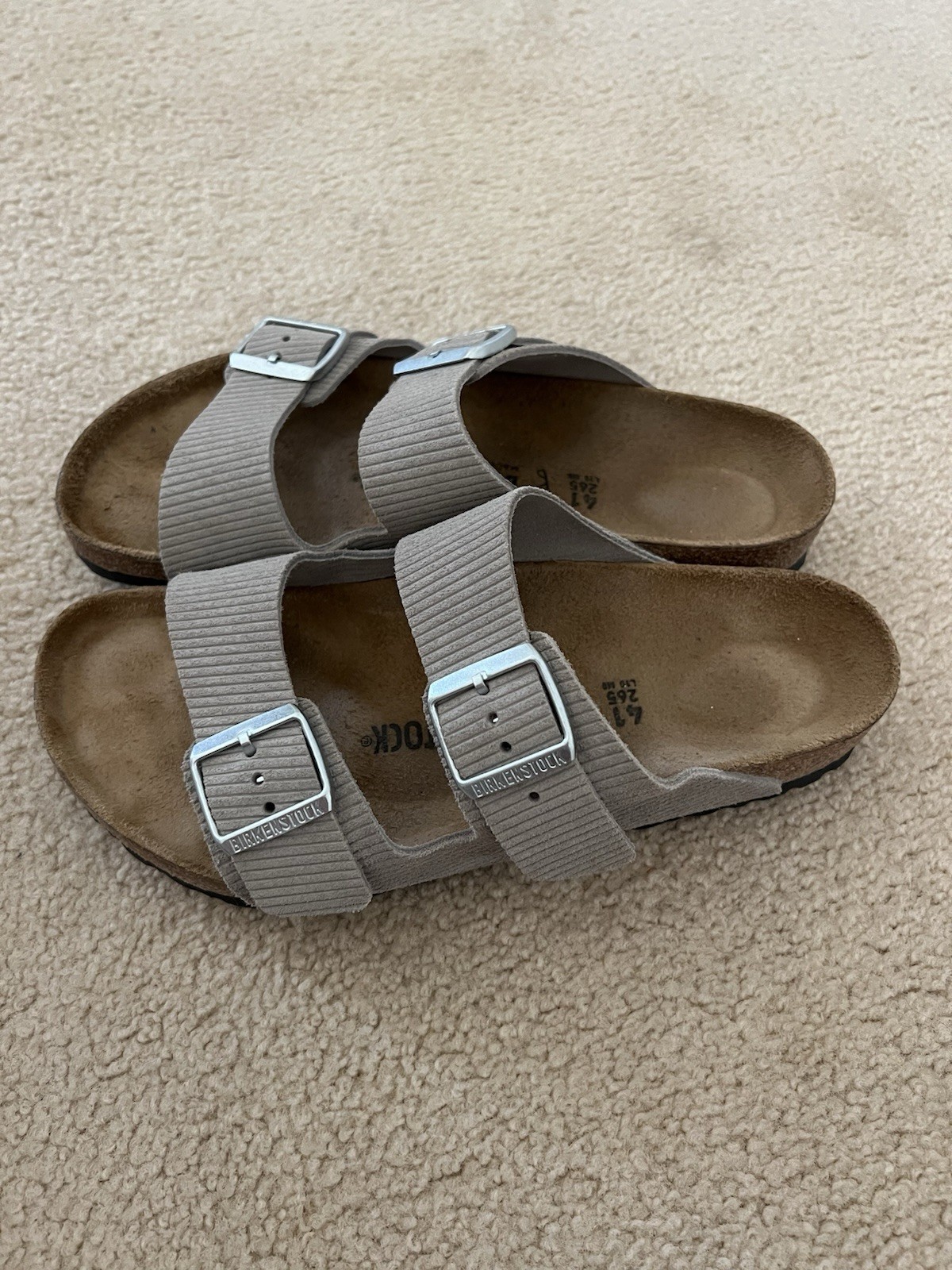 Birkenstock Arizona Birko-Flor Nubuck Women’s Sandals, Stone – US 10
