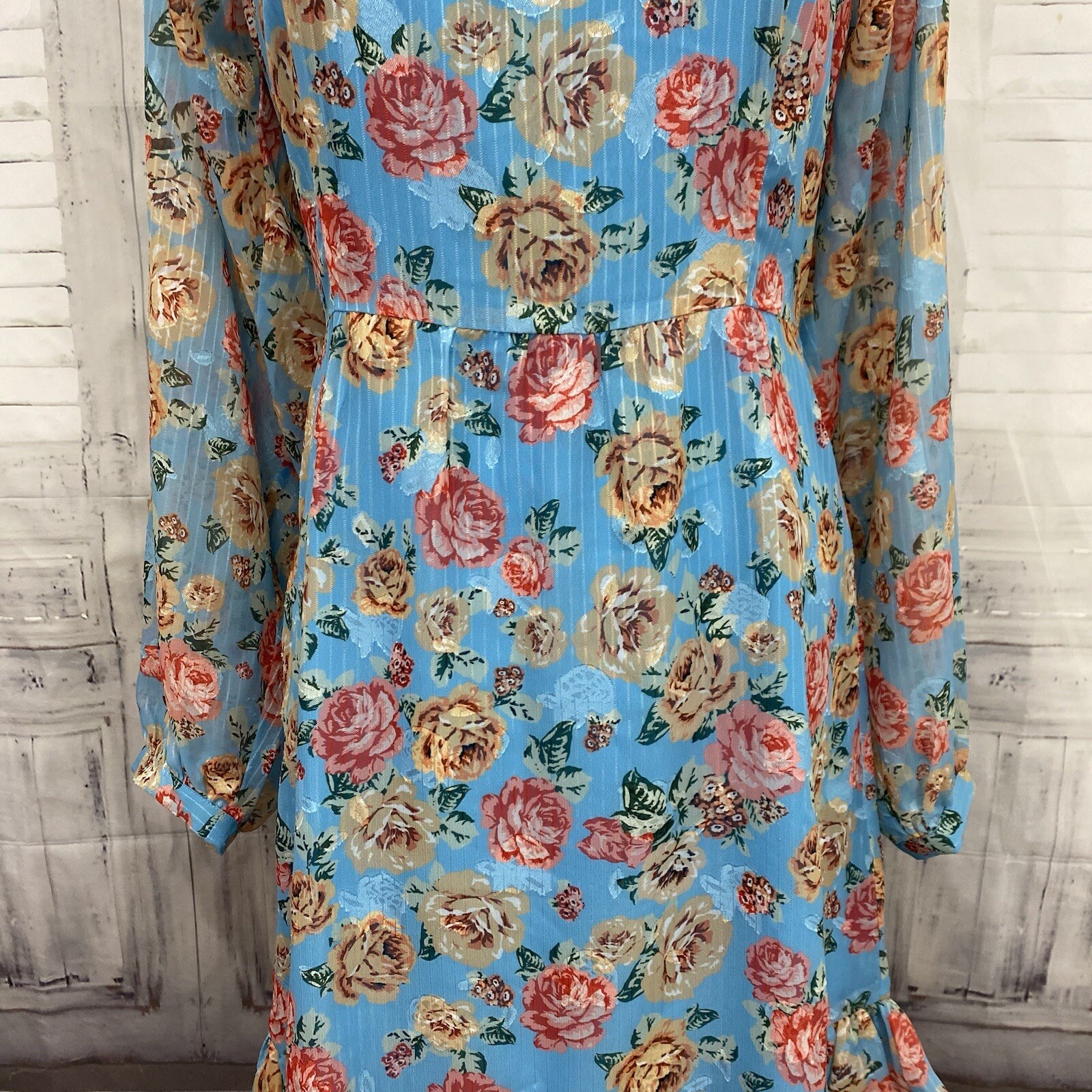 Adelyn Rae Medium Blue Floral Vero Poet Sleeve Ruffle Hem A-Line Square Neck B29