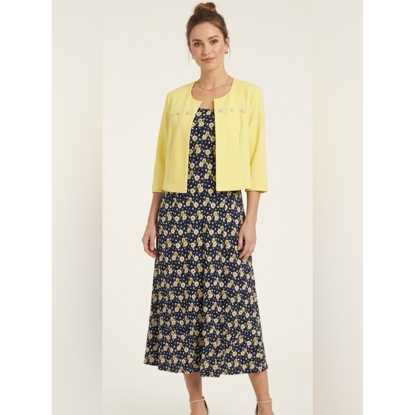 NWT Perceptions Woman 2-Pc Dress Set 1X Yellow Cropped Jacket Navy Daisy Midi