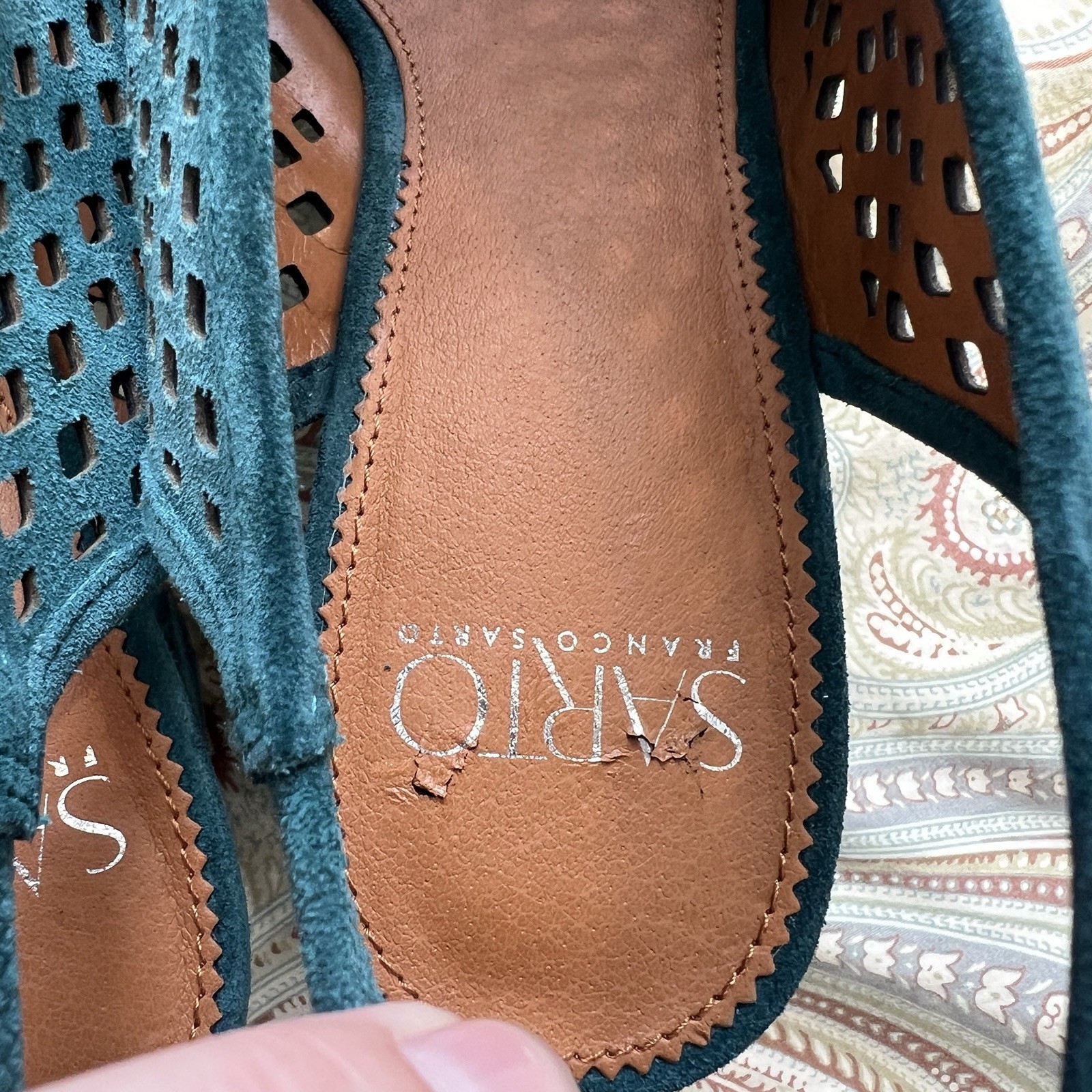 Franco Sarto Harlet 2 Teal Suede Perforated Slingback Block Heel Sandals Sz 8
