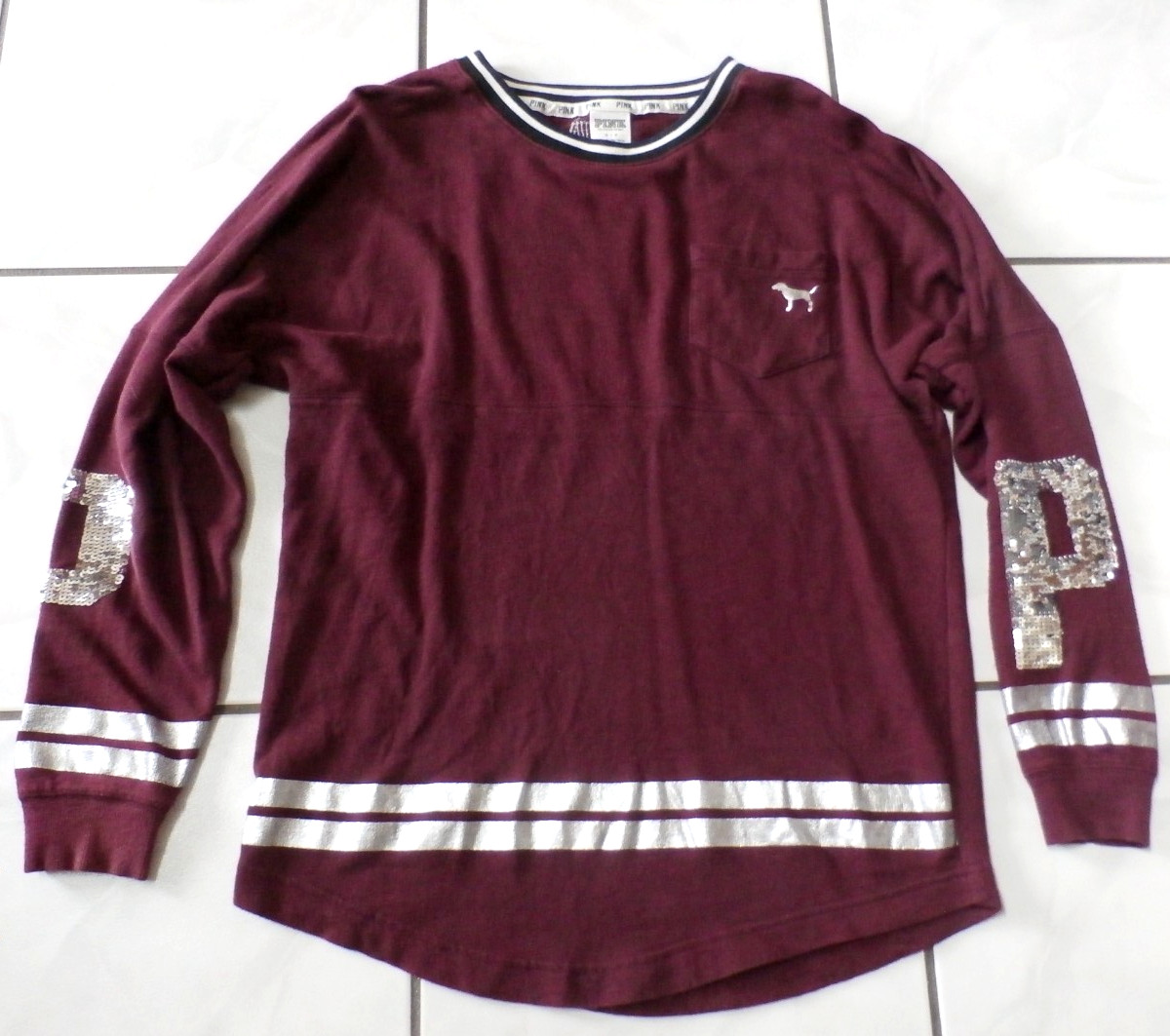 Victoria’s Secret Pink Bling Sequin Varsity Crew Sweatshirt Top Small logo i323
