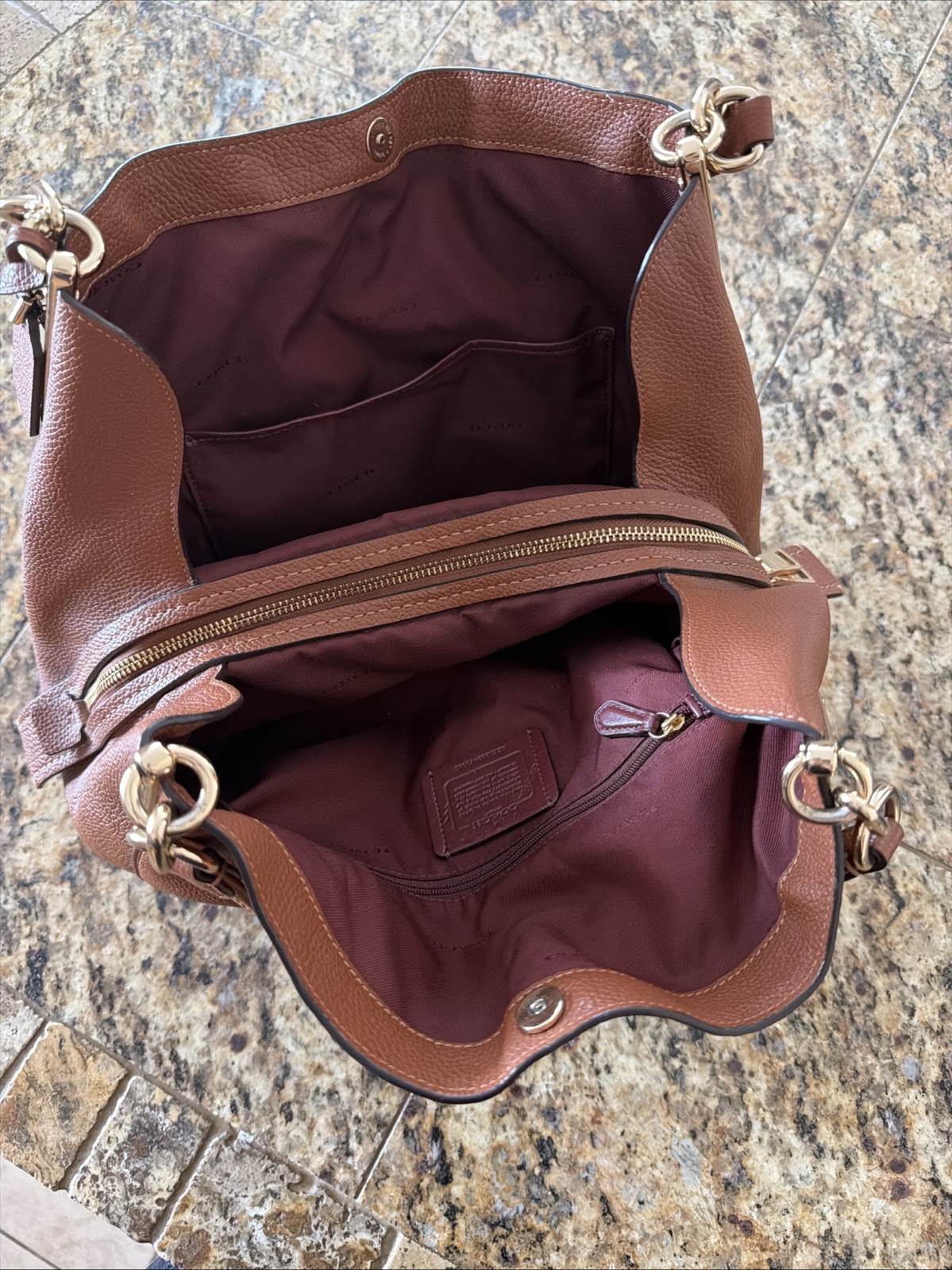 Genuine Leather Coach Polished Pebble Dalton 31 Saddle/Gold Accents Shoulder Bag