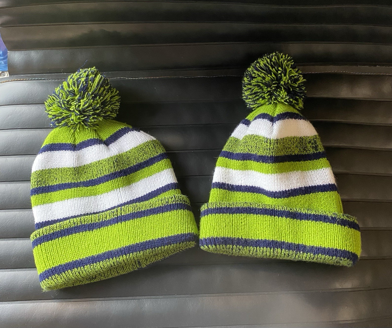 Men’s Beanie Hat Lot of 2 Green/White/Blue Striped Pom Pom One Size