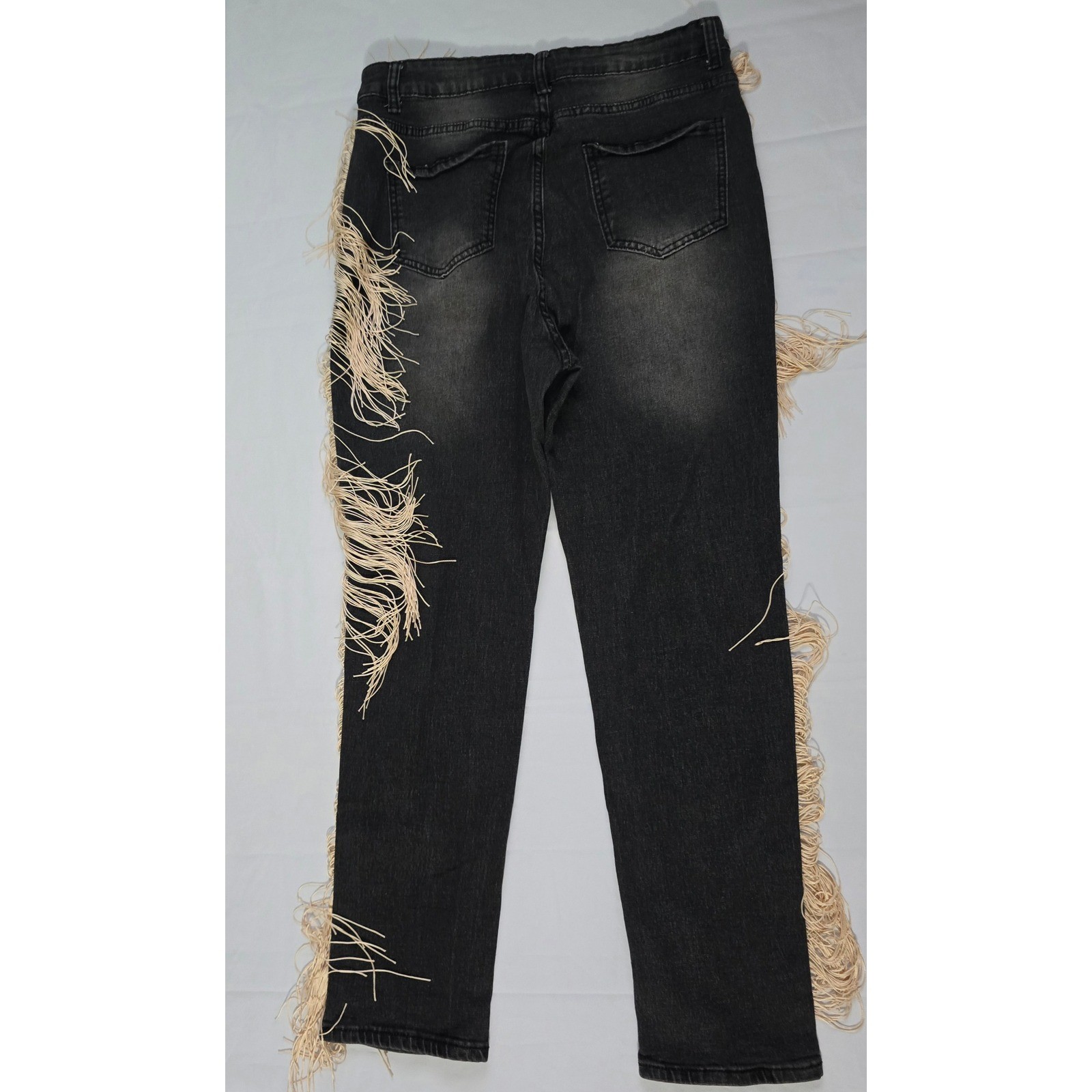 Shein Distressed Fringe Side Trim Jeans Black High Waisted Boho Ripped Denim M