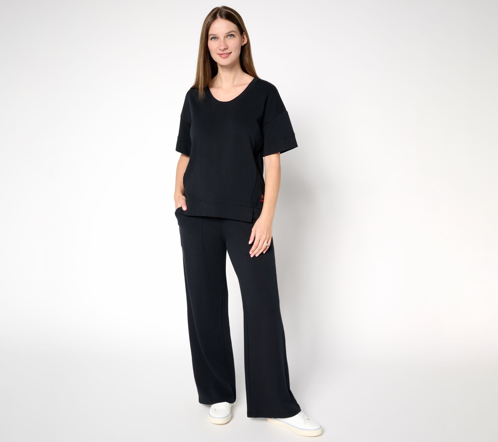 Peace Love World Petite French Terry Pullover and Pant Set Black 1X New
