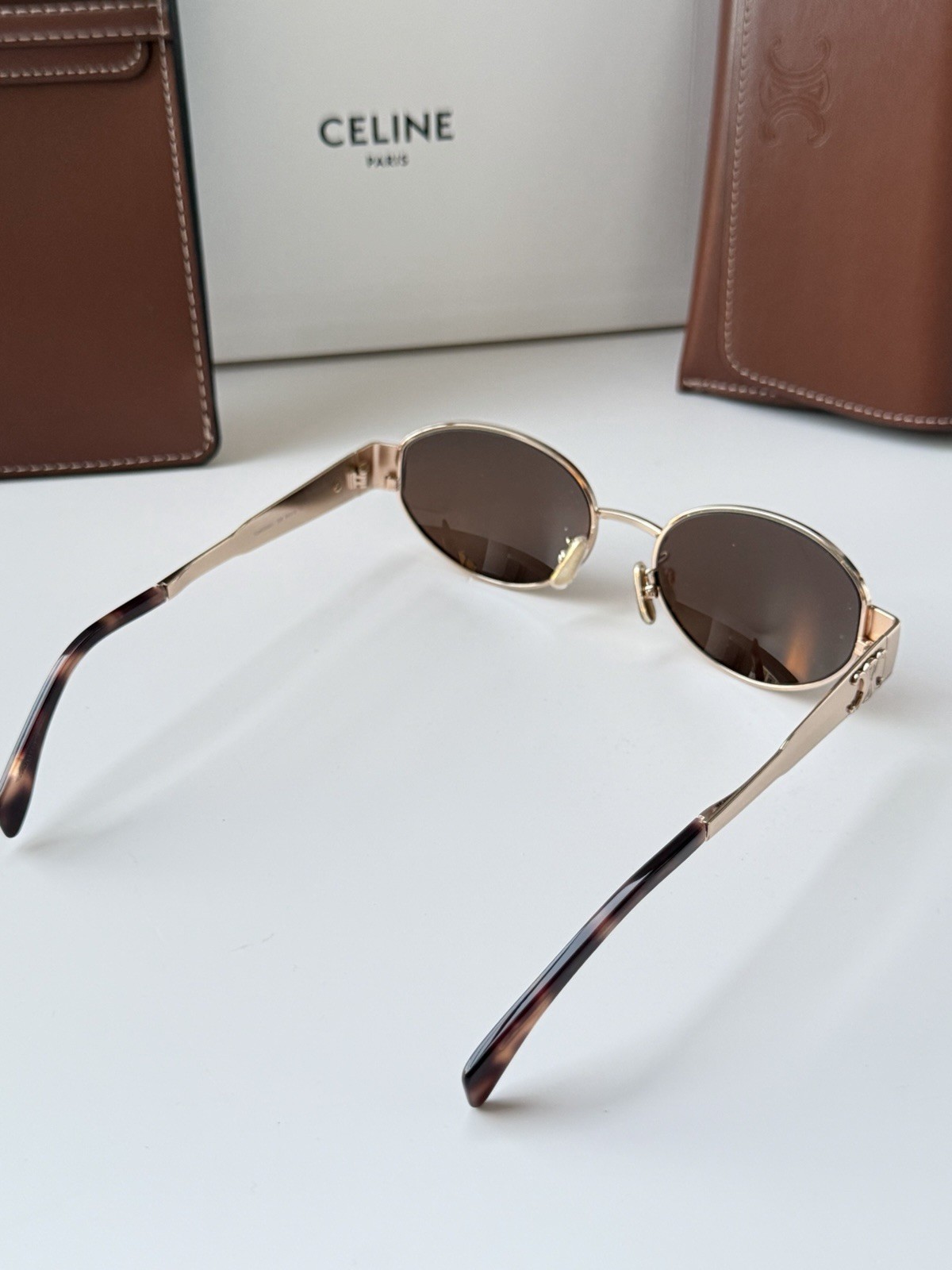 Celine CL40235U 28E Triomphe Metal Oval Sunglasses Rose Gold Brown AUTHENTIC