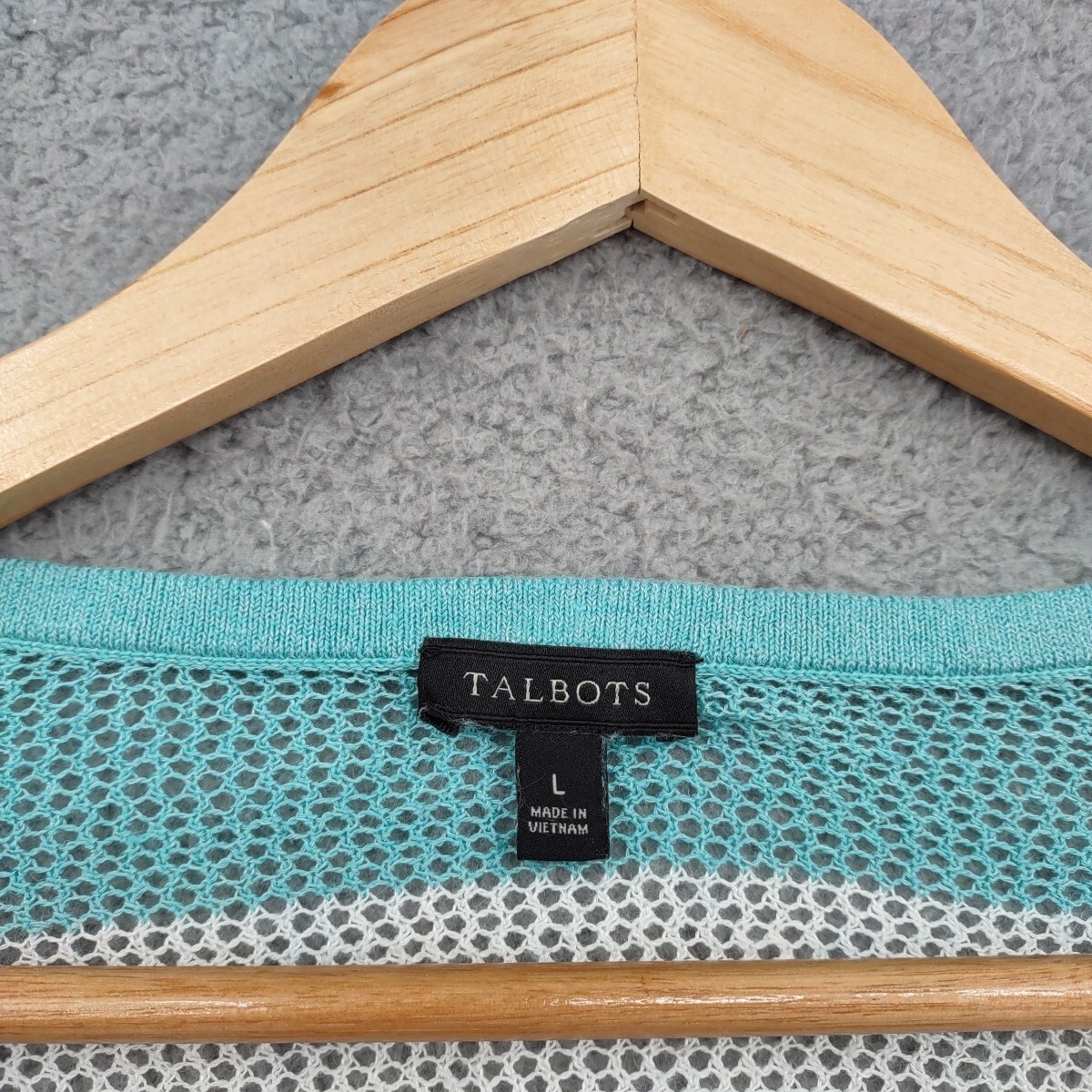 Talbots Top Womens Large Green Striped Linen Blend Open Knit Mesh Split Neck