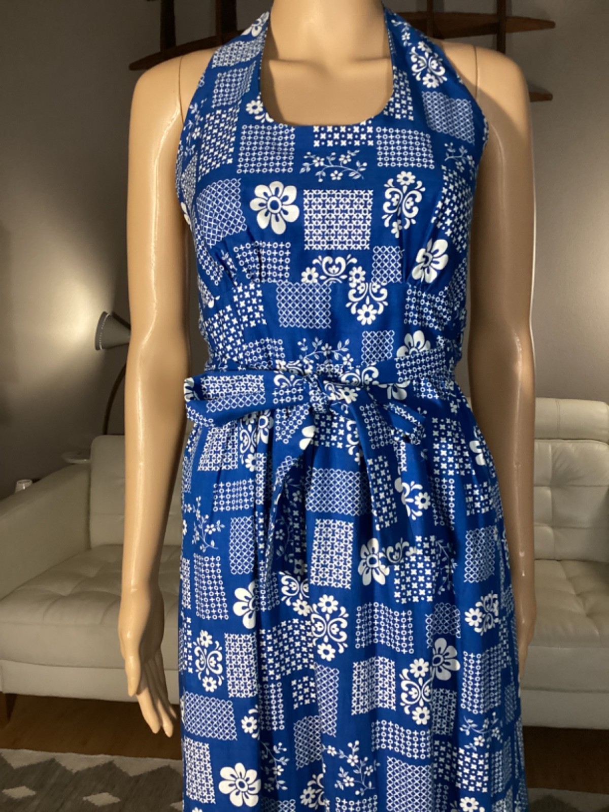 Vintage 70’s Apron Pinafore Maxi Halter Top Wrap Dress Hippie Boho Ruffles