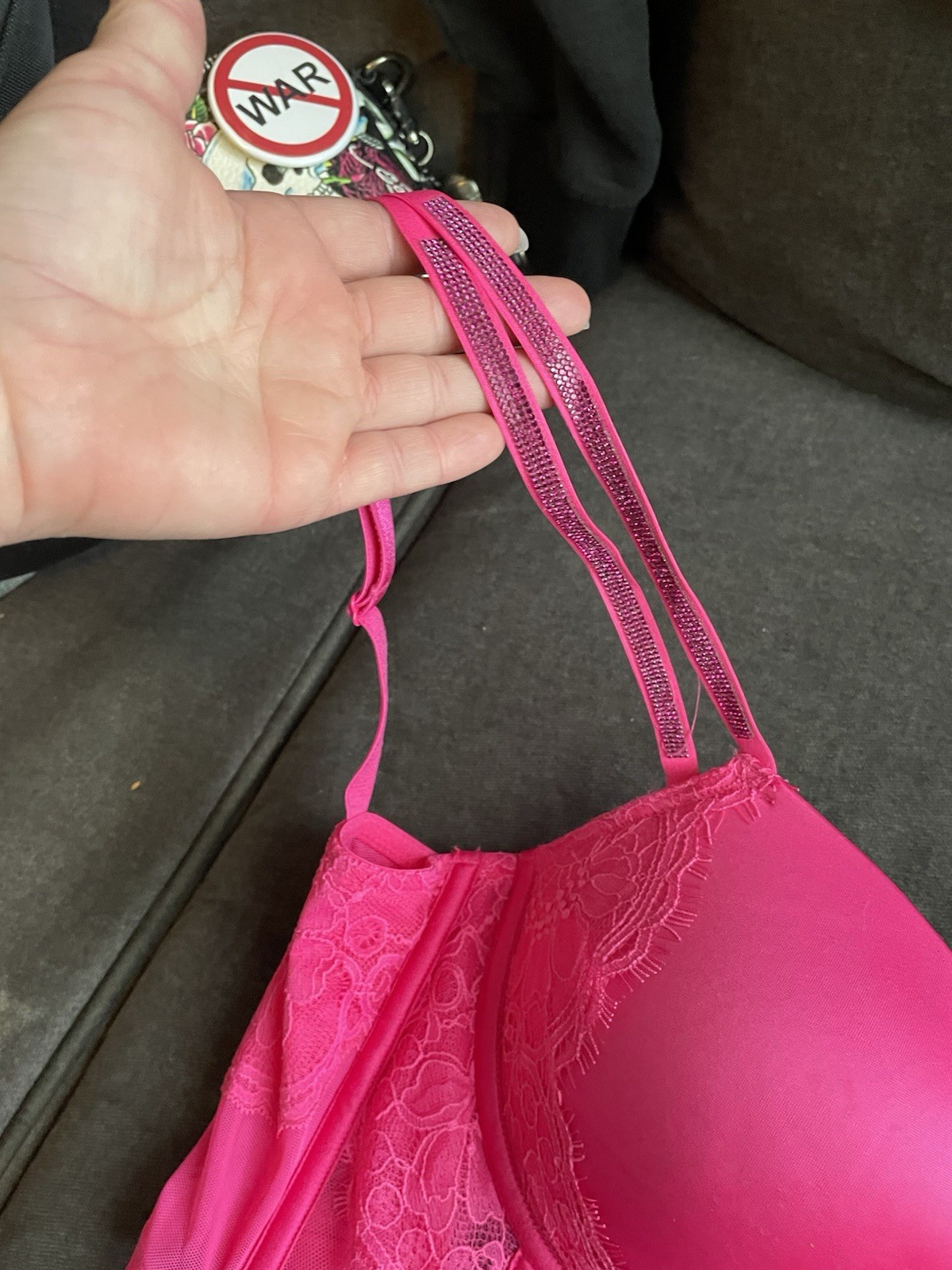 Victoria’s Secret PINK 32DD Underwire Lace Mesh Push-Up Bra Rhinestone Straps