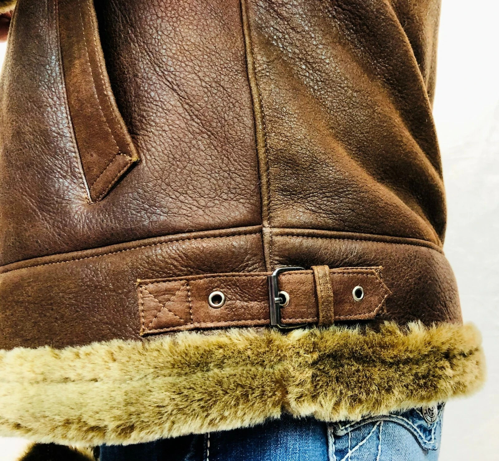 Men’s Genuine Whiskey Sheepskin Shearling Leather Bomber B3 Pilot Coat Jacket