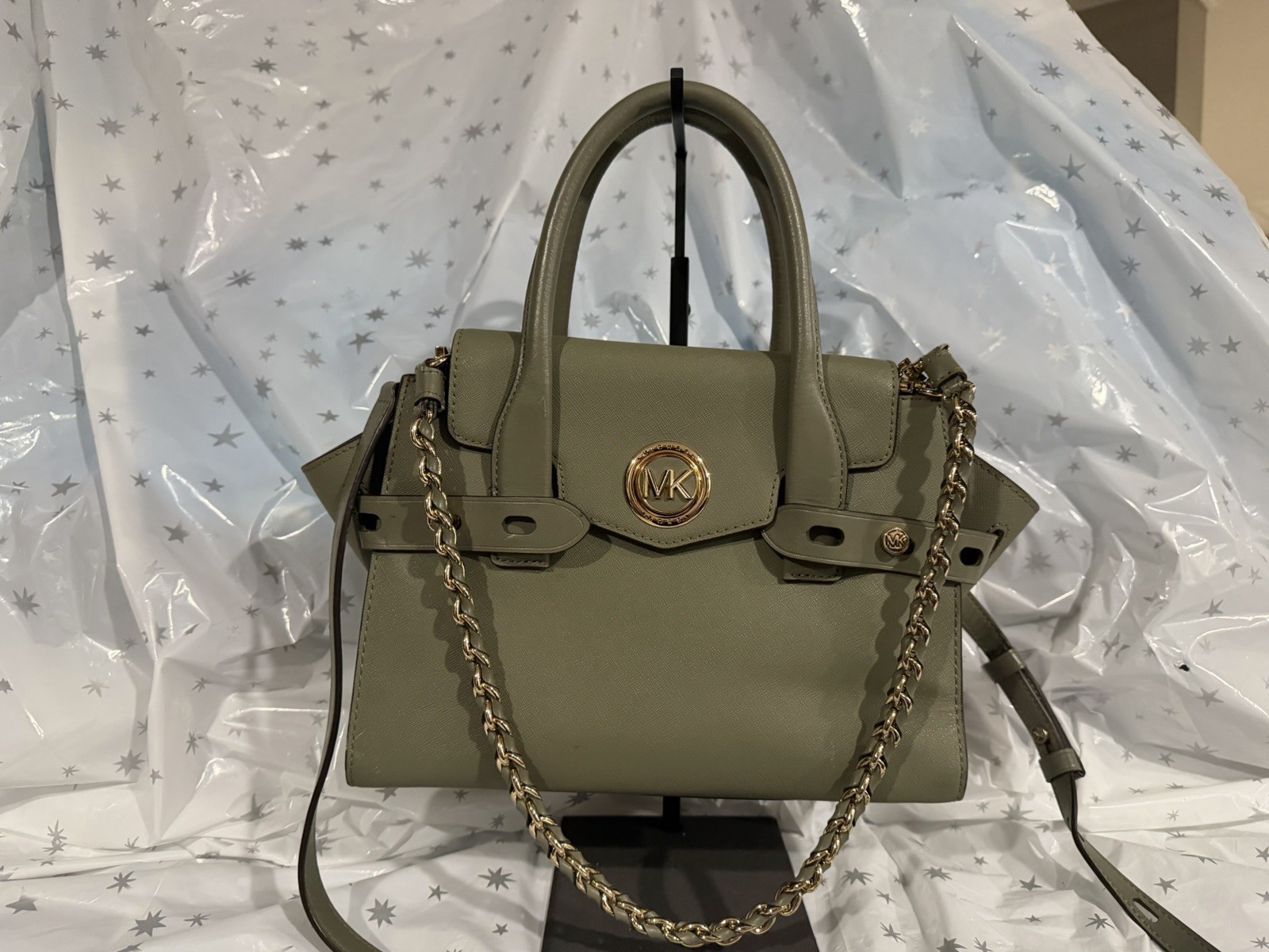 Michael Kors Green Medium Satchel Top Handle Buckle/Zip Gold Detachable Strap