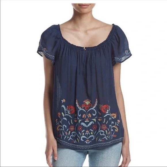 AGB Womens Blue Floral Embroidered Babydoll Boho Peasant Top Blouse Sz.PS