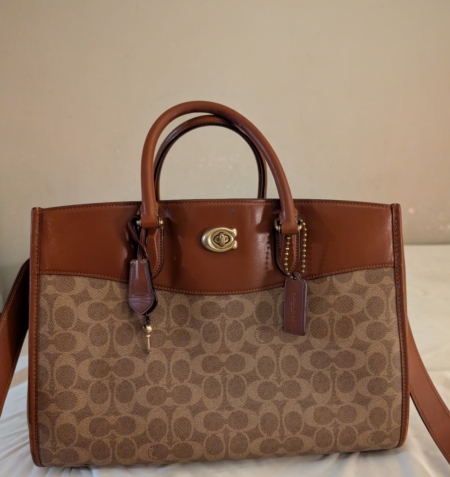 Coach Brook Carryall crafted leather large purse gently used two toned brown