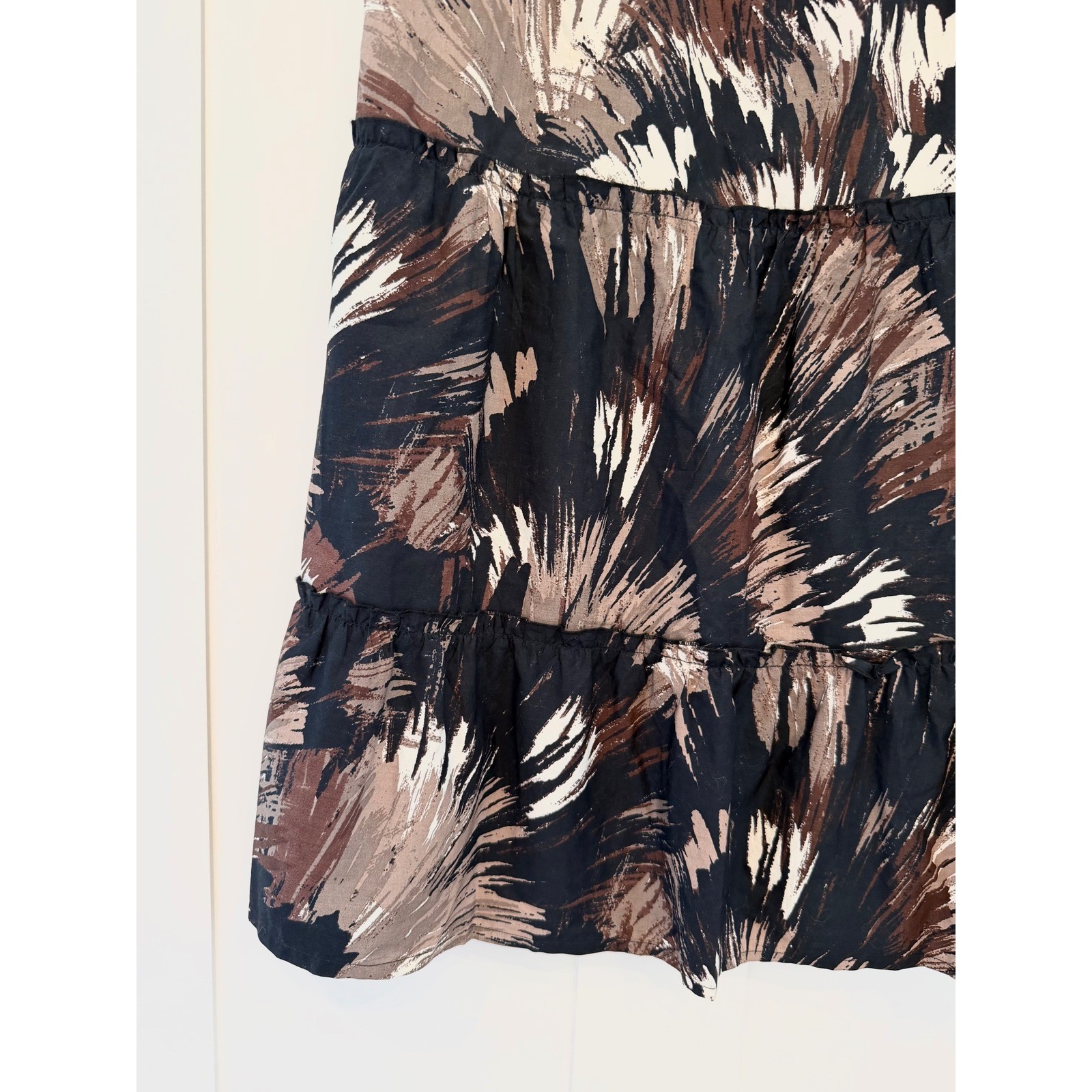 ANA A New Approach Brown Black Abstract Print Ruffle Tiered Midi Dress Large