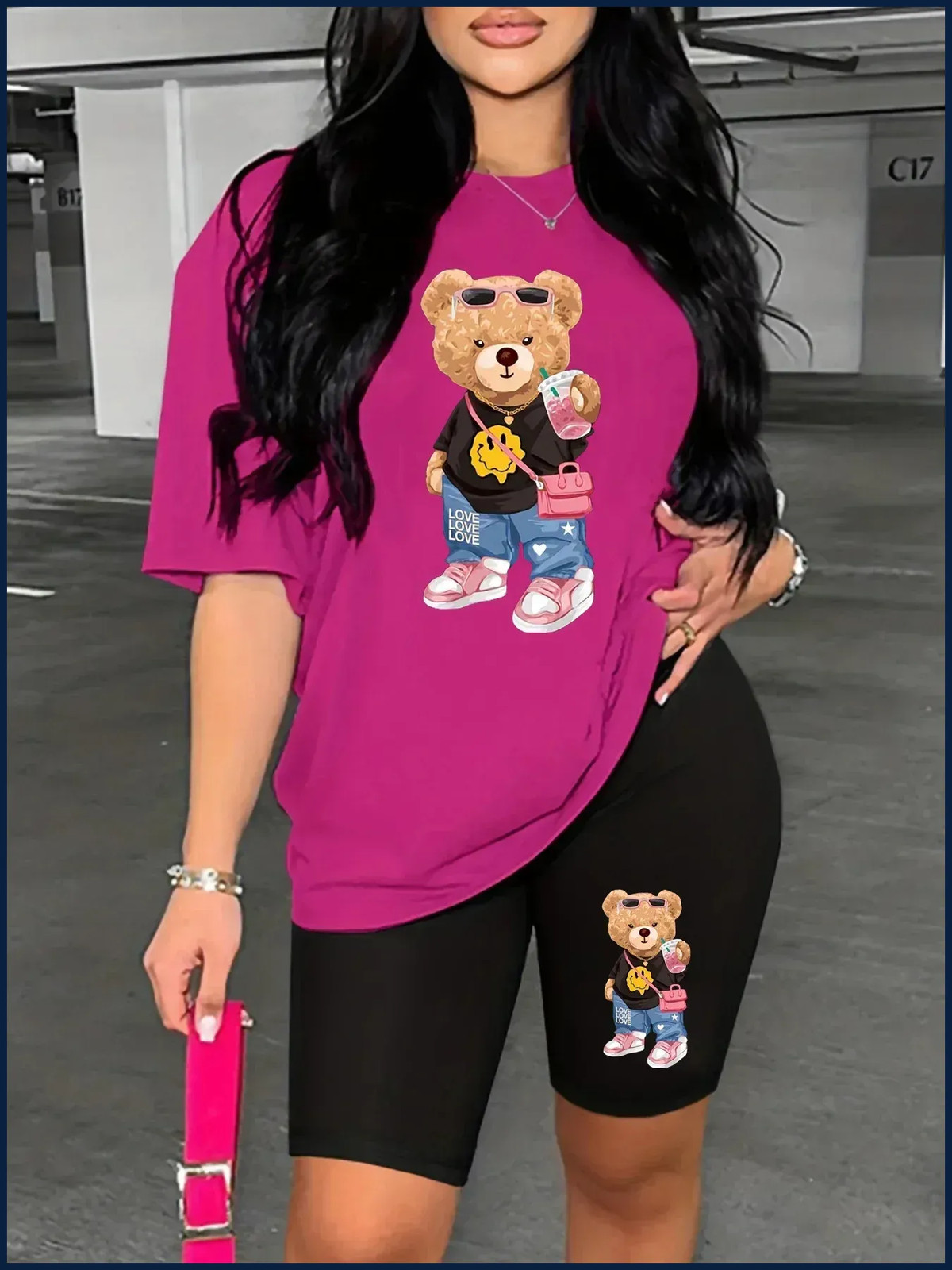 Women’s Summer Bear Cartoon Print Casual Loose Round Neck T-Shirt Shorts Set