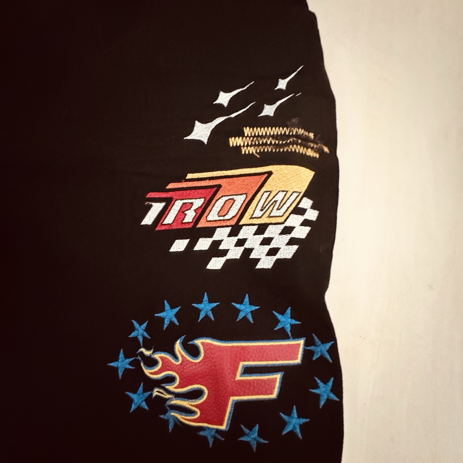 First Row Mens Black Denim Jeans Racing Patches Slim Fit Size 38×32 NWT