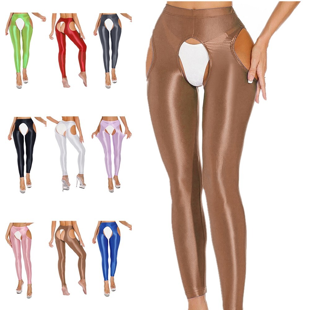 US Womens Glossy Crotchless Tights Pants Stretchy Elastic Fitness Yoga Trousers