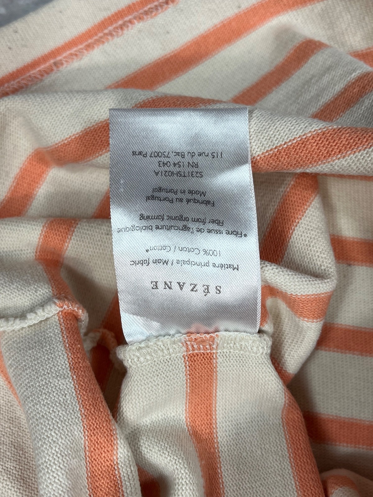 SEZANE Paris Women Striped Top Long Sleeve Button Shoulder Ecru Peach Orange