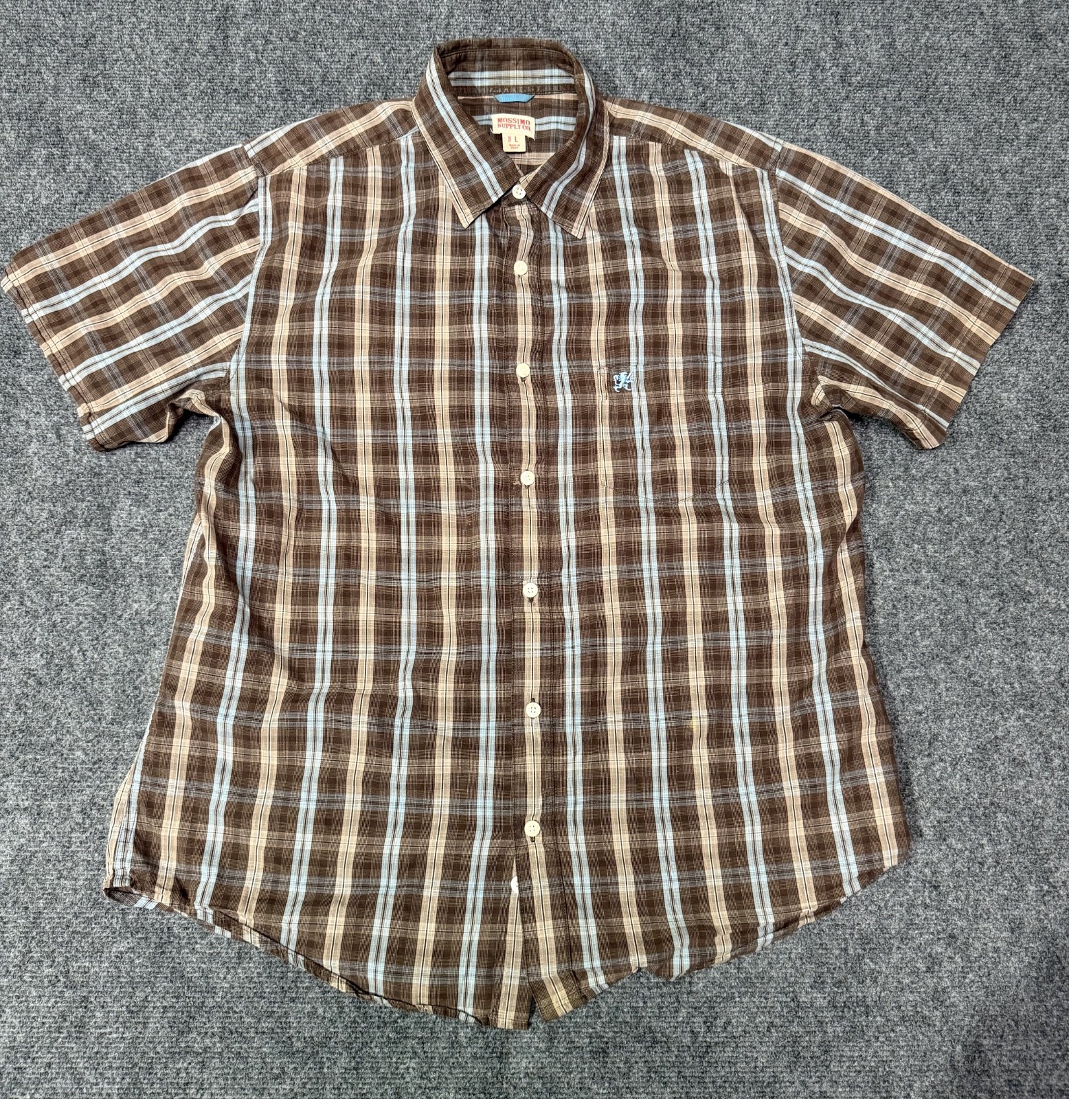 Mossimo Supply Co Men’s L Brown Blue Plaid Shirt Short Sleeve Button Up