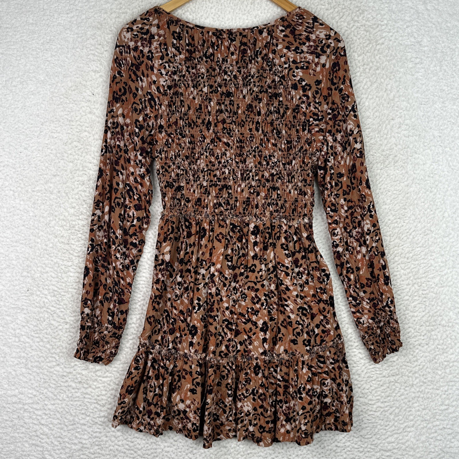 BeachLunchLounge Smocked Mini Dress M Brown Boho Tiered Viscose Long Sleeve
