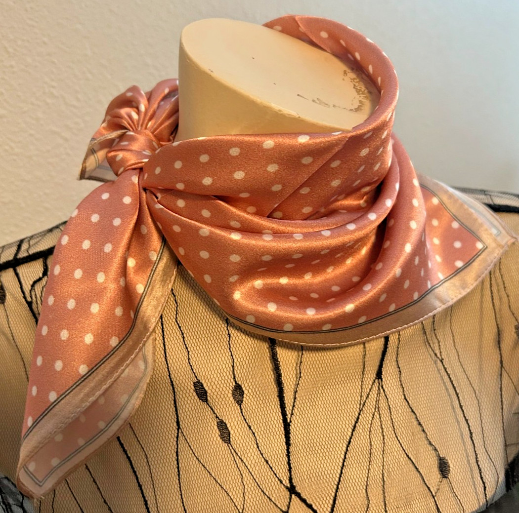 NEW 20 x 21 In. Sq. Med. Deep Pink, White Polka dots 100% Silk Pat.- SS 1050