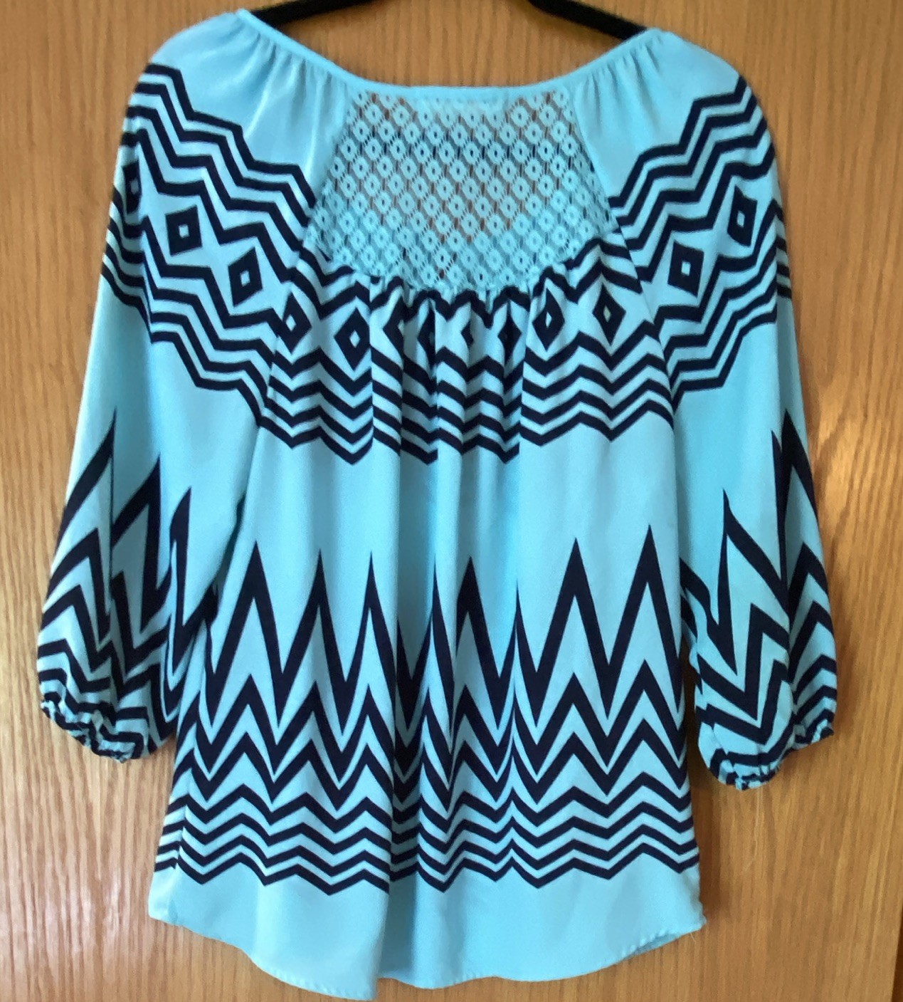 Jolt Boho Peasant Bell Sleeve Blouse, Size Medium, Aqua And Navy Blue Print
