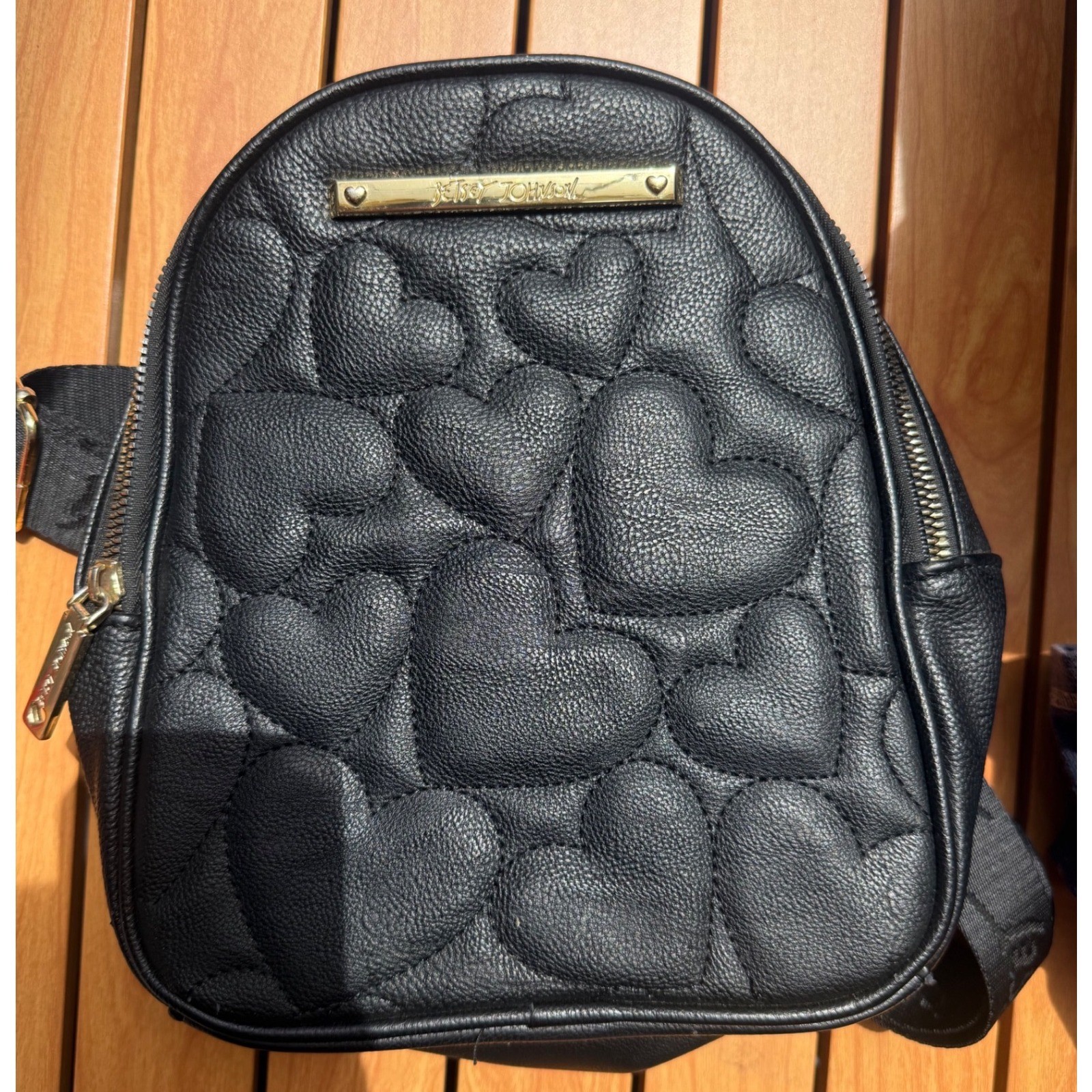 Betsey Johnson Black Quilted Heart Mini Backpack Floral Lining Gold Hardware
