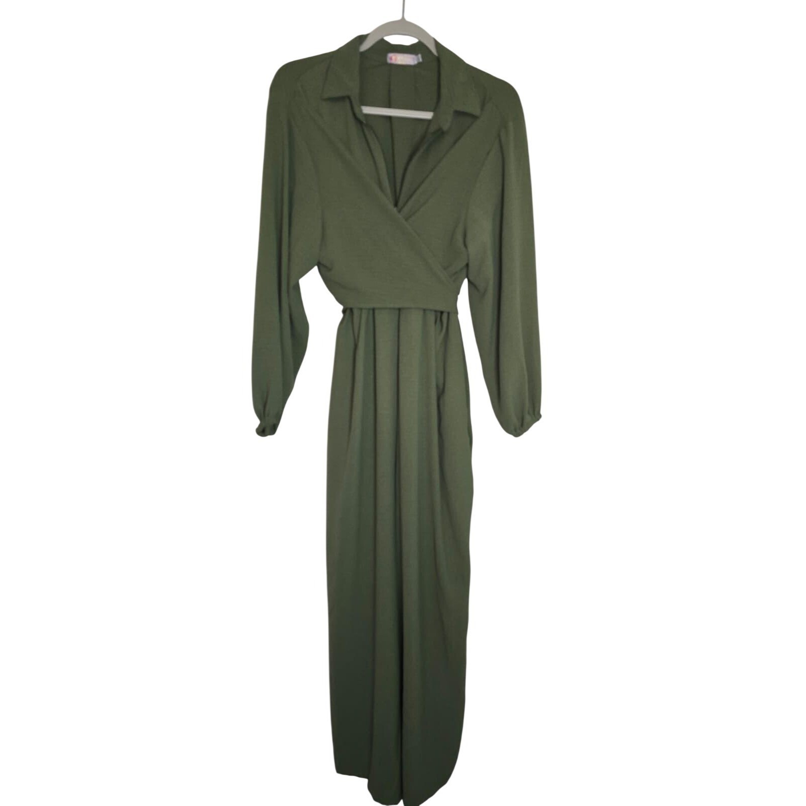Olive Green Jumpsuit – Long Sleeve Wrap Waist Collared Zipper Front XL