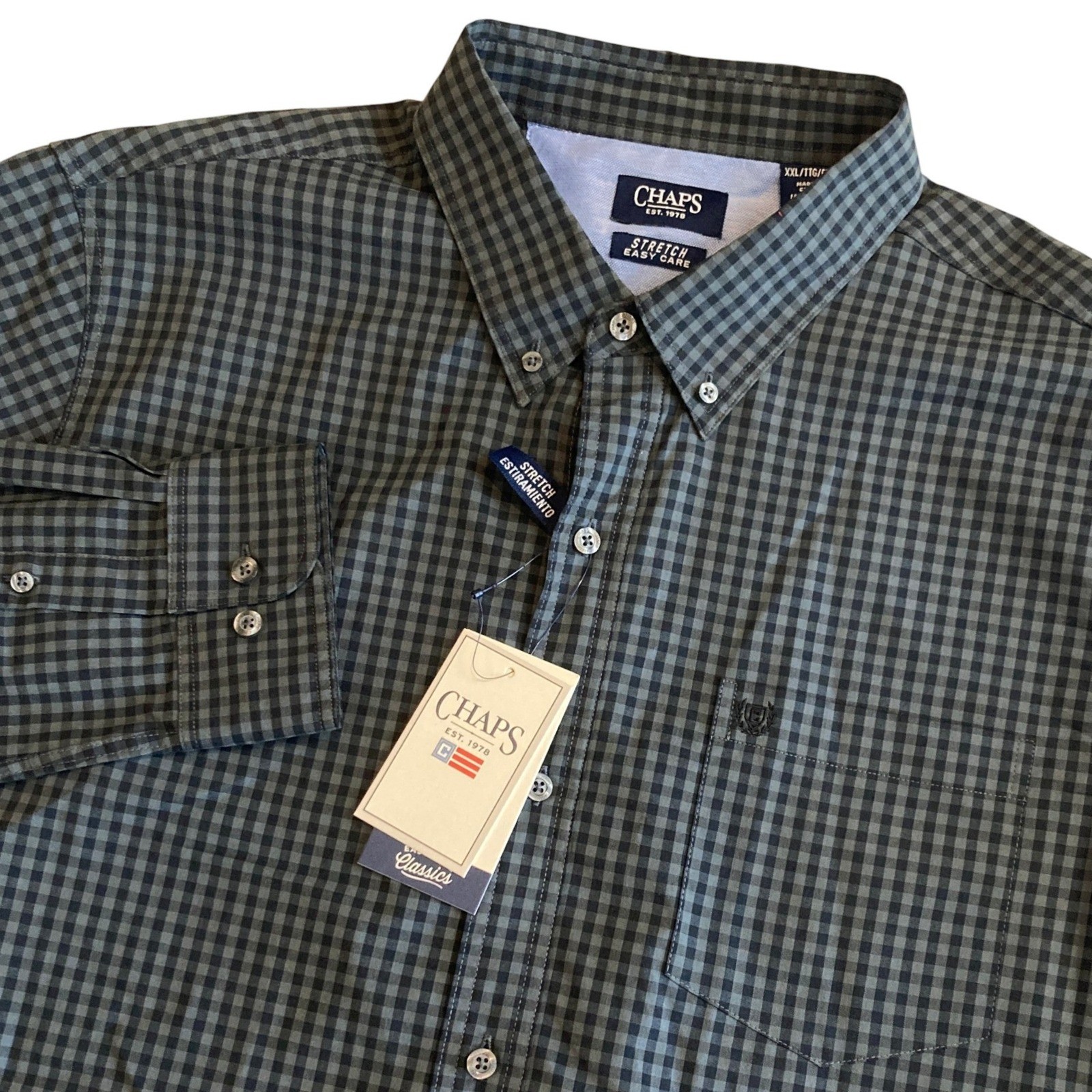 NEW Chaps Mens 2XL Graphite Gingham Stretch Easy Care Button Down Shirt NWT