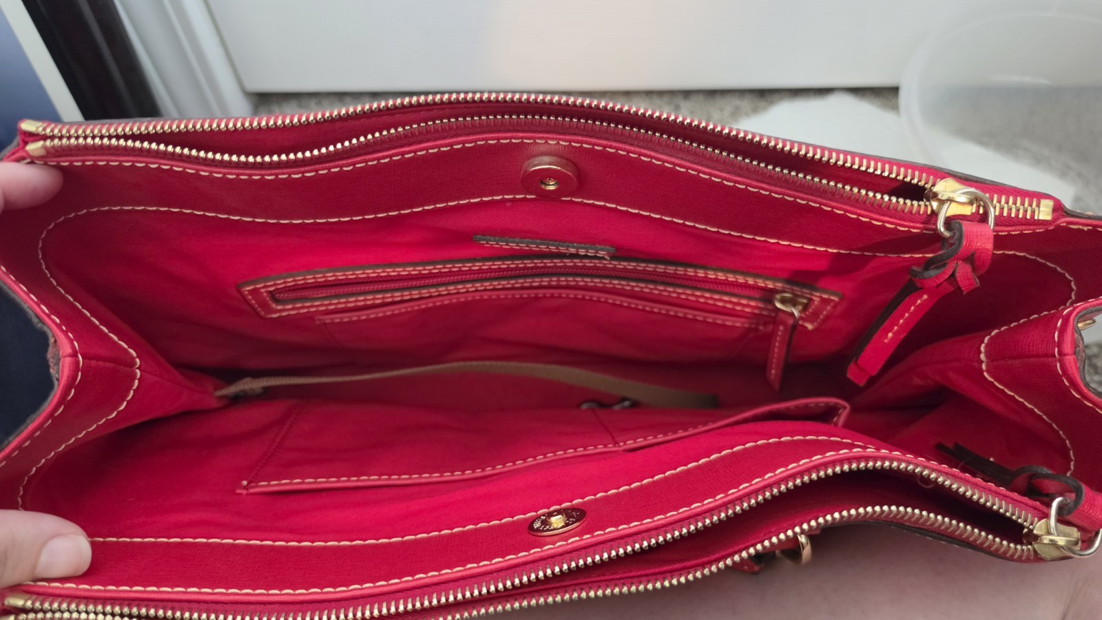 Dooney & Bourke Textured Red Tote Zip Top Gold HW Red Lining Pockets Charm